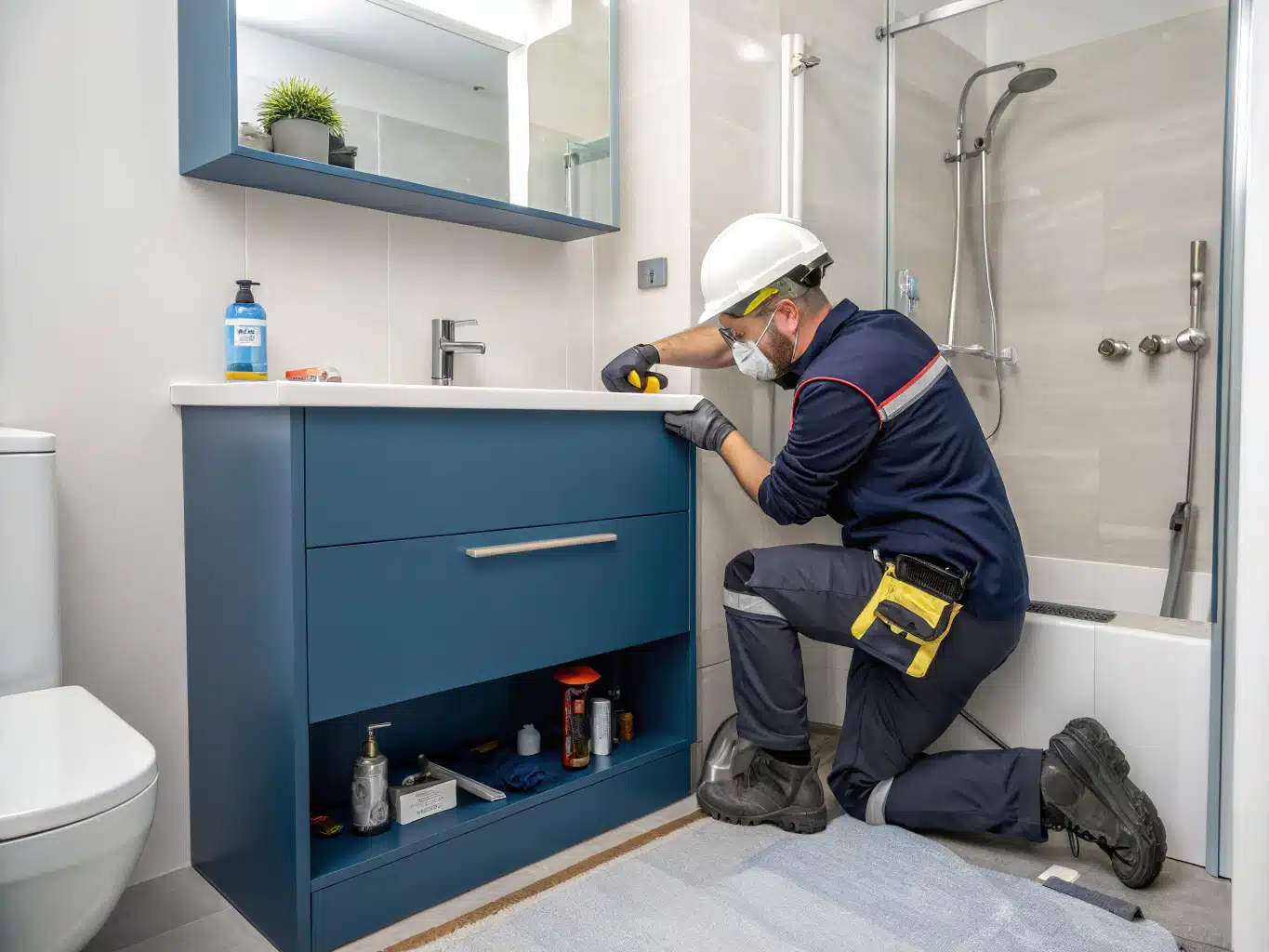 A compact bathroom space transformed through smart design solutions, featuring a skilled worker in a safety helmet and gloves, meticulously installing a sleek, spacesaving vanity in DayJob blue (14618F) and deep indigo (34398A). The walls are painted in light neutral (F2F2F6), creating an airy feel, while midnight blue (214E8D) accents add depth. Tools and materials are neatly organized, showcasing a blend of functionality and style. A glimpse of innovative storage solutions and safety eyewear further emphasizes a commitment to practicality and safety in this vibrant, efficient work environment.