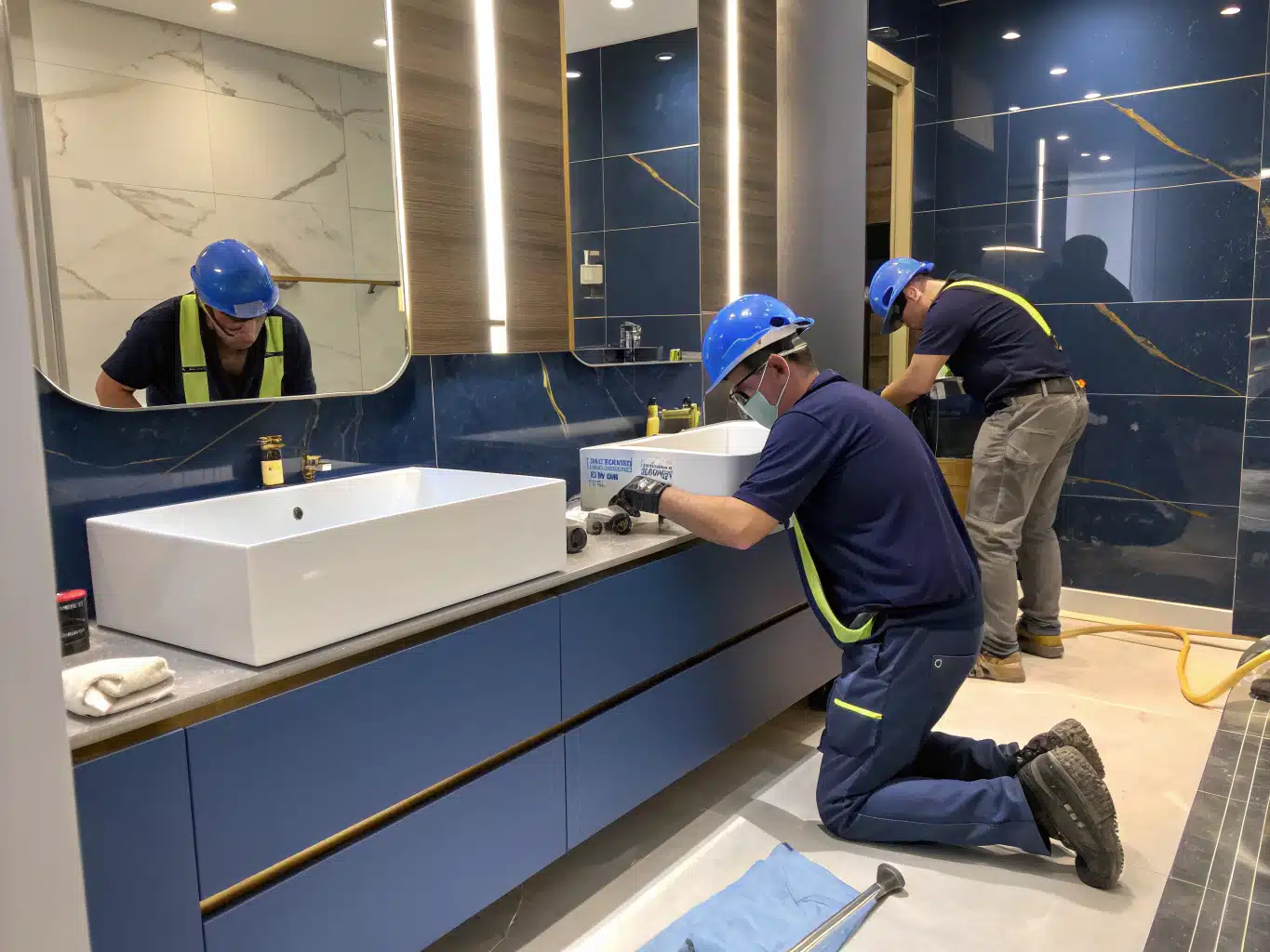 A contemporary bathroom setting where skilled tradespeople are installing sleek, floating vanities that embody modern luxury. The scene is dominated by the rich hues of DayJob blue and deep indigo, with accents of light neutral and charcoal. Workers, clad in safety helmets, gloves, and eyewear, are focused on their task, showcasing their craftsmanship. Tools and equipment are neatly arranged, highlighting an authentic working environment. The finished vanities, elegantly mounted on the wall, reflect a seamless blend of style and functionality, inviting viewers to envision the elevated aesthetic that floating vanities bring to modern spaces.