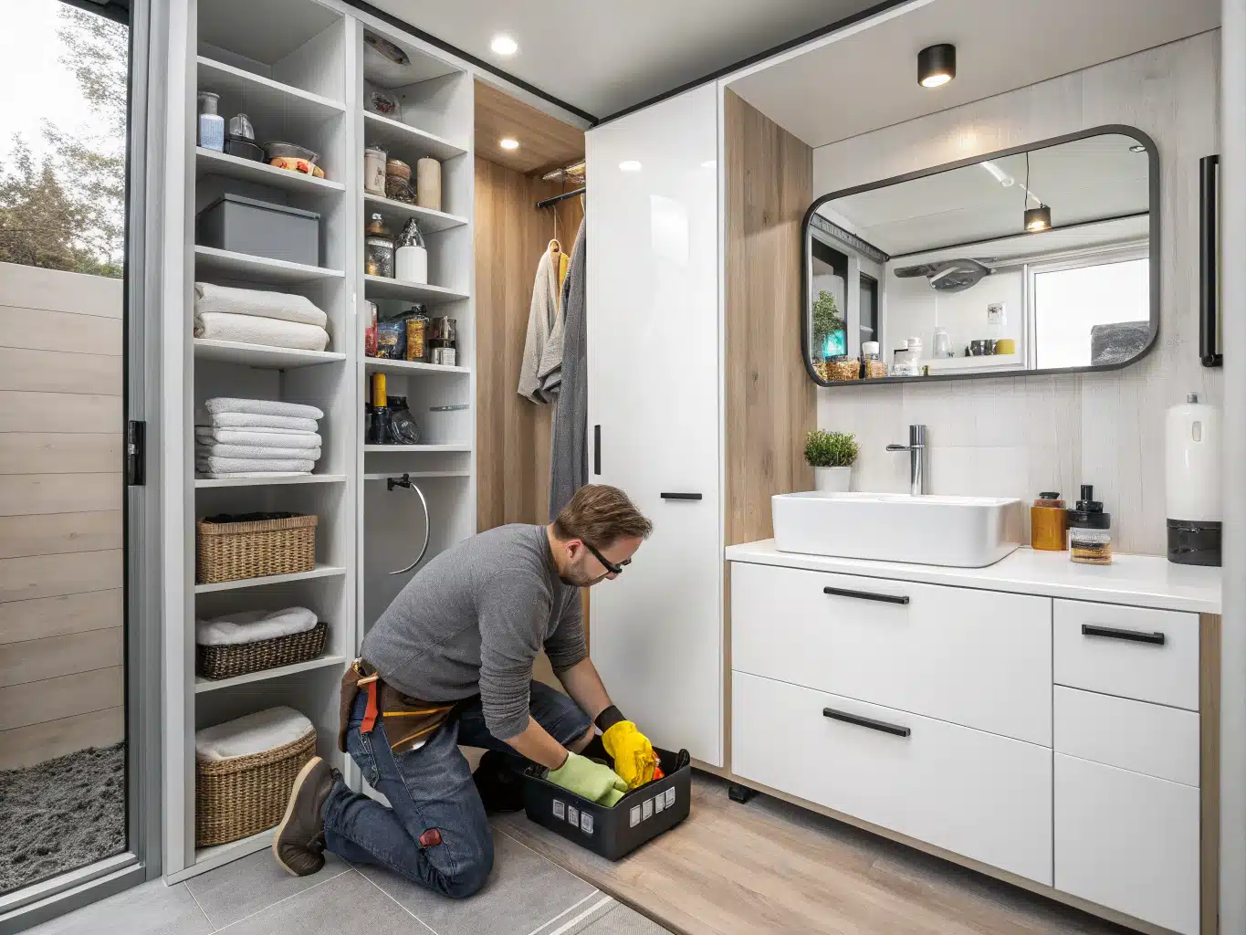 A dynamic scene showcasing a modern bathroom where innovative multifunctional fixtures are seamlessly integrated into a compact space. The walls are adorned with smart storage solutions that utilize vertical space effectively, featuring sleek cabinetry and organized shelving. In the foreground, a skilled tradesperson wearing safety gloves and eyewear is installing a stylish sink with builtin storage, embodying an authentic working environment. The color palette reflects the brand’s core colors, with DayJob blue and deep indigo dominating the space, contrasted by light neutral accents. The atmosphere conveys efficiency and modern design, highlighting the balance between functionality and aesthetics.