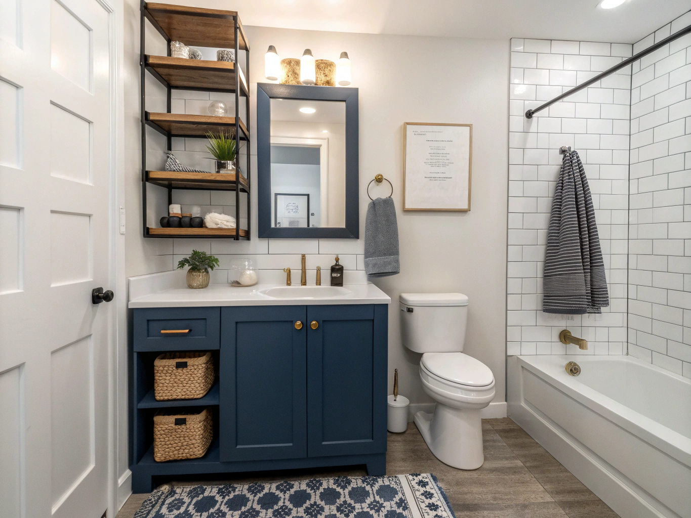 A dynamic scene showcasing a small bathroom renovation, emphasizing spacesaving fixtures like wallmounted shelves and compact storage solutions. The layout should reflect independence with accessible design elements. Use the brand's core color palette the vibrant DayJob blue (14618F) for fixtures, deep indigo (34398A) for cabinetry, midnight blue (214E8D) for flooring, light neutral (F2F2F6) for walls, and charcoal (333333) for tools and equipment. Include workers in helmets and gloves, actively installing fixtures and ensuring safety. The atmosphere should feel authentic, highlighting a functional yet stylish bathroom space that maximizes usability in a small area.