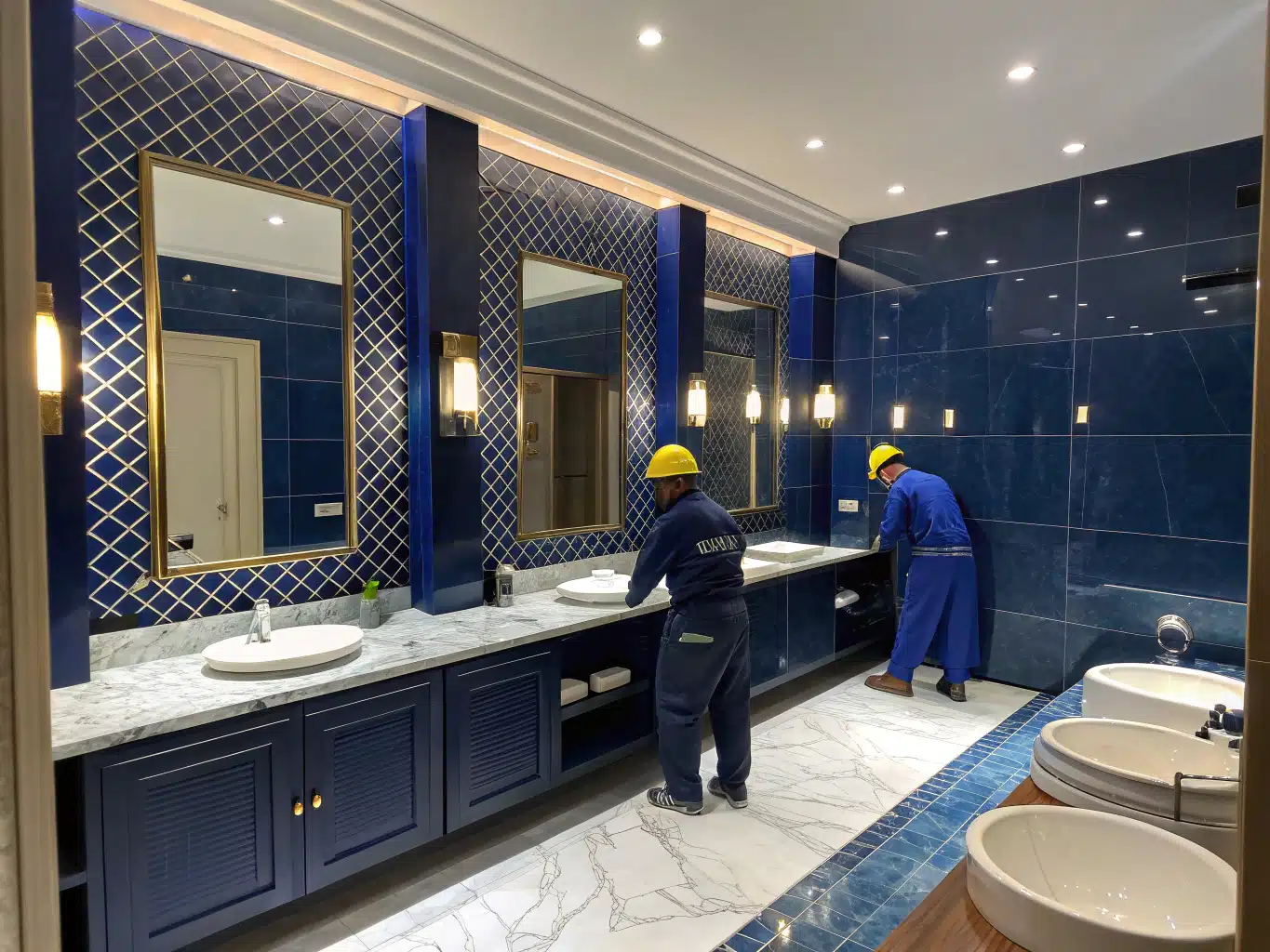 A luxurious bathroom design scene illuminated by strategic lighting, showcasing a harmonious blend of DayJob blue, deep indigo, and midnight blue accents. Highlight the sleek fixtures, marble countertops, and elegant tiles, all reflecting soft, ambient lighting that enhances the opulence of the space. Incorporate authentic working environments with bluecollar tradespeople in safety helmets and gloves, actively installing modern lighting fixtures or finishing details. Include tools and equipment scattered around, emphasizing a dynamic worksite atmosphere while maintaining an overall sense of sophistication and luxury.