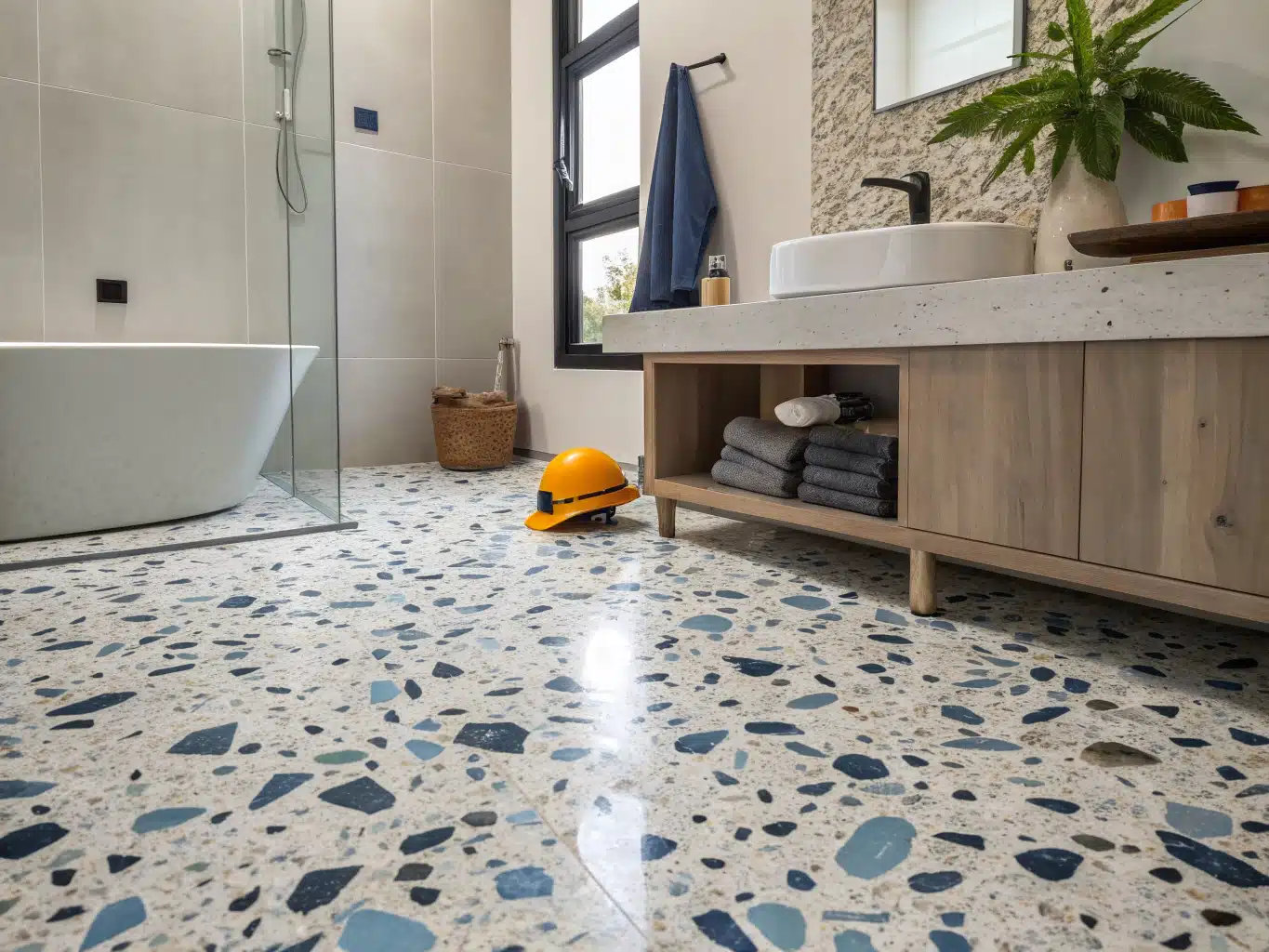 A serene modern bathroom scene featuring a terrazzo floor that harmoniously blends shades of DayJob blue, deep indigo, midnight blue, and light neutral. The space should evoke a sense of tranquility, with minimalistic design elements that avoid visual clutter. Include subtle safety elements like a hard hat and gloves discreetly placed on a nearby shelf, emphasizing a connection to craftsmanship. A skilled worker in the background, wearing safety eyewear, is polishing the terrazzo surface, showcasing attention to detail and professionalism. The overall ambiance should reflect a <a href=