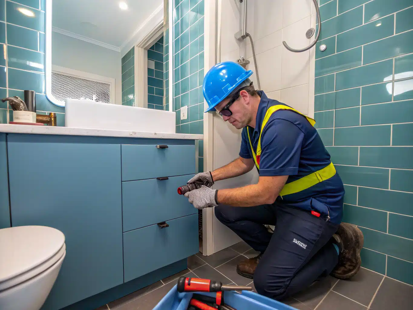 A vibrant scene of a compact Sydney apartment bathroom renovation, showcasing a bluecollar tradesperson actively working. The worker, wearing a safety helmet, gloves, and eyewear, is installing sleek, spacesaving fixtures in a small but stylish bathroom. The color palette incorporates shades of DayJob blue (14618F) and midnight blue (214E8D) in the cabinetry and tile accents, while deep indigo (34398A) highlights the tools and equipment scattered around. Light neutral (F2F2F6) walls reflect natural light, enhancing the compact space, and charcoal (333333) elements provide depth in the design. The atmosphere is dynamic, emphasizing efficiency and creativity in a limited space.