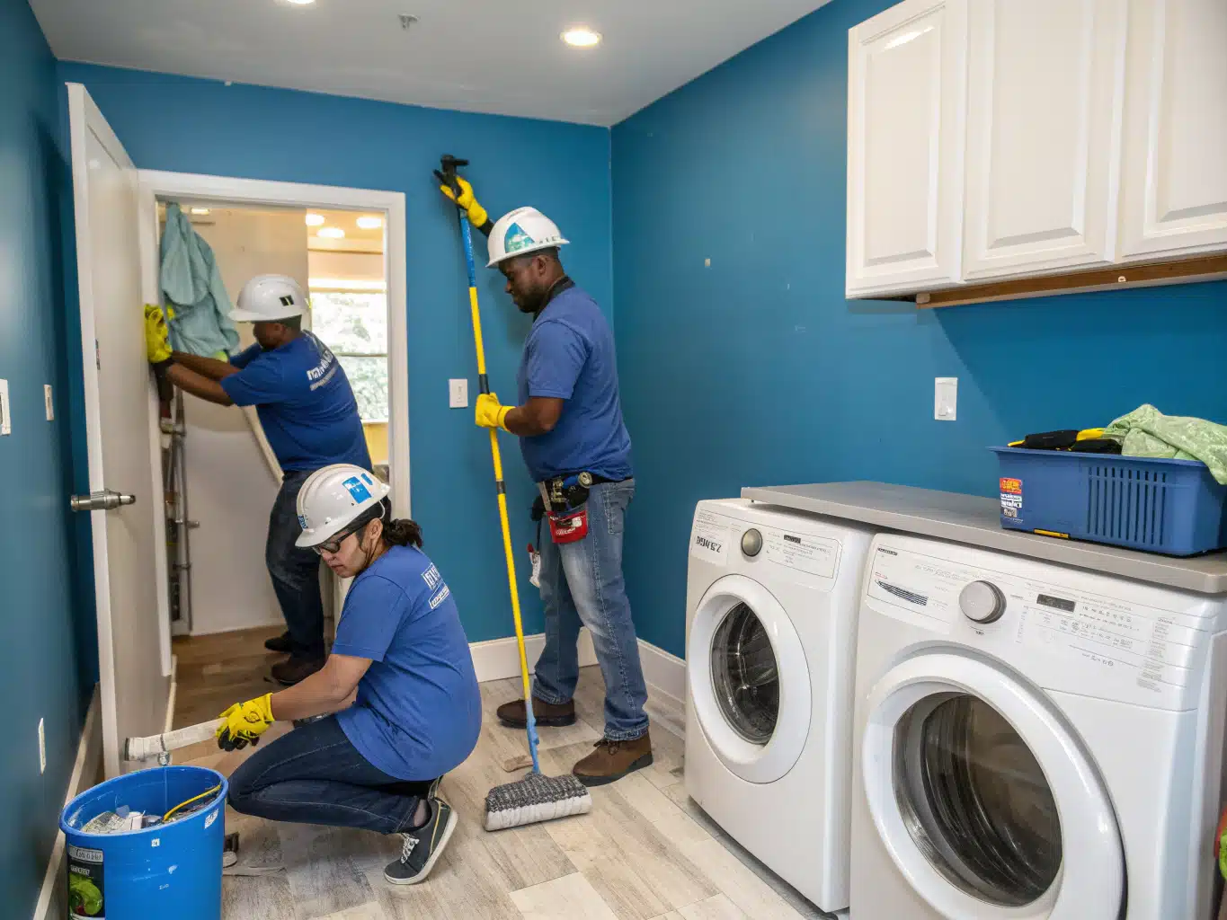 A vibrant scene of a small laundry renovation in progress, showcasing a diverse team of bluecollar workers actively engaged in transforming the space. The team, equipped with safety helmets, gloves, and eyewear, is painting the walls in a fresh DayJob blue (14618F) and deep indigo (34398A), while a stylish, compact washer and dryer set sits prominently in the corner. The light neutral (F2F2F6) cabinetry contrasts beautifully with midnight blue (214E8D) accents, and tools are scattered around, emphasizing a handson approach. The atmosphere is lively and collaborative, highlighting budgetfriendly yet chic design choices in an authentic working environment.