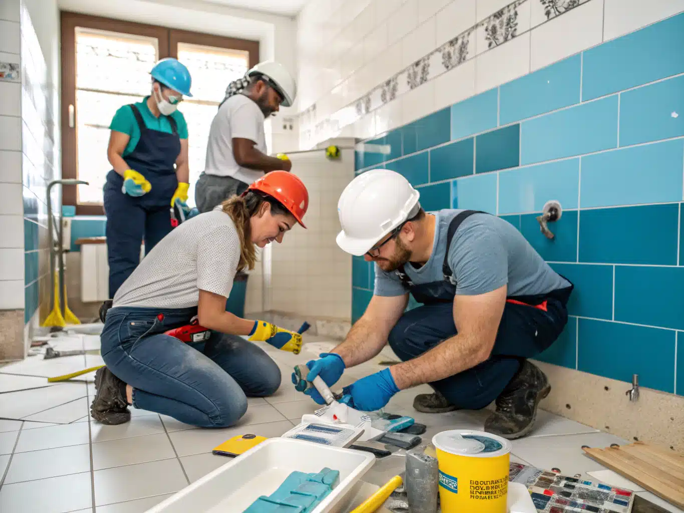 A vibrant scene showcasing a diverse team of skilled tradespeople actively engaged in a bathroom renovation project. The workers, wearing safety helmets, gloves, and eyewear, are collaborating in a welllit space, surrounded by tools and materials. Incorporate elements like tiles, plumbing fixtures, and paint samples to reflect the renovation theme. Use the brand's core color palette to emphasize the professionalism and creativity of the team, with DayJob blue and deep indigo dominating the scene. Ensure the environment feels authentic and dynamic, capturing the essence of teamwork and craftsmanship in the renovation process.
