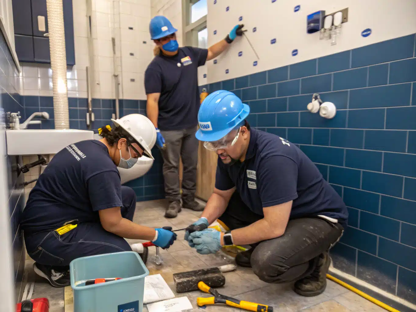 A vibrant scene showcasing a team of bathroom renovation specialists actively engaged in a project. They wear safety helmets, gloves, and eyewear, emphasizing a commitment to safety. The setting features a partially renovated bathroom with tools and equipment scattered around, highlighting the craftsmanship involved. Use the brand’s core color palette, incorporating DayJob blue, deep indigo, midnight blue, light neutral, and charcoal to create a visually striking environment. Capture the essence of collaboration and expertise as the specialists measure tiles, discuss plans, and install fixtures, embodying professionalism and attention to detail in their authentic working environment.