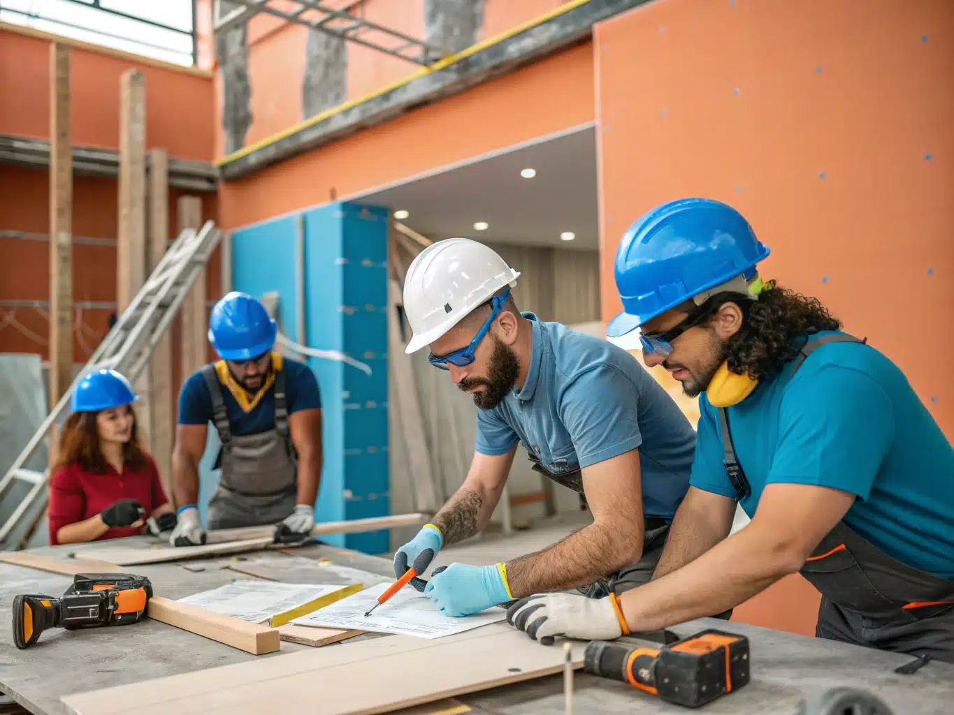 An engaging scene depicting a vibrant renovation jobsite, where skilled bluecollar workers, equipped with safety helmets, gloves, and eyewear, collaborate efficiently. The workers are actively engaged in various tasks, such as measuring, cutting materials, and discussing plans, surrounded by essential tools and equipment. The backdrop features partially renovated structures showcasing both raw materials and completed work, symbolizing progress. The color palette of DayJob blue, deep indigo, midnight blue, light neutral, and charcoal is used to highlight the professionalism and energy of the environment, emphasizing the factors that influence renovation timelines through dynamic interaction and teamwork.