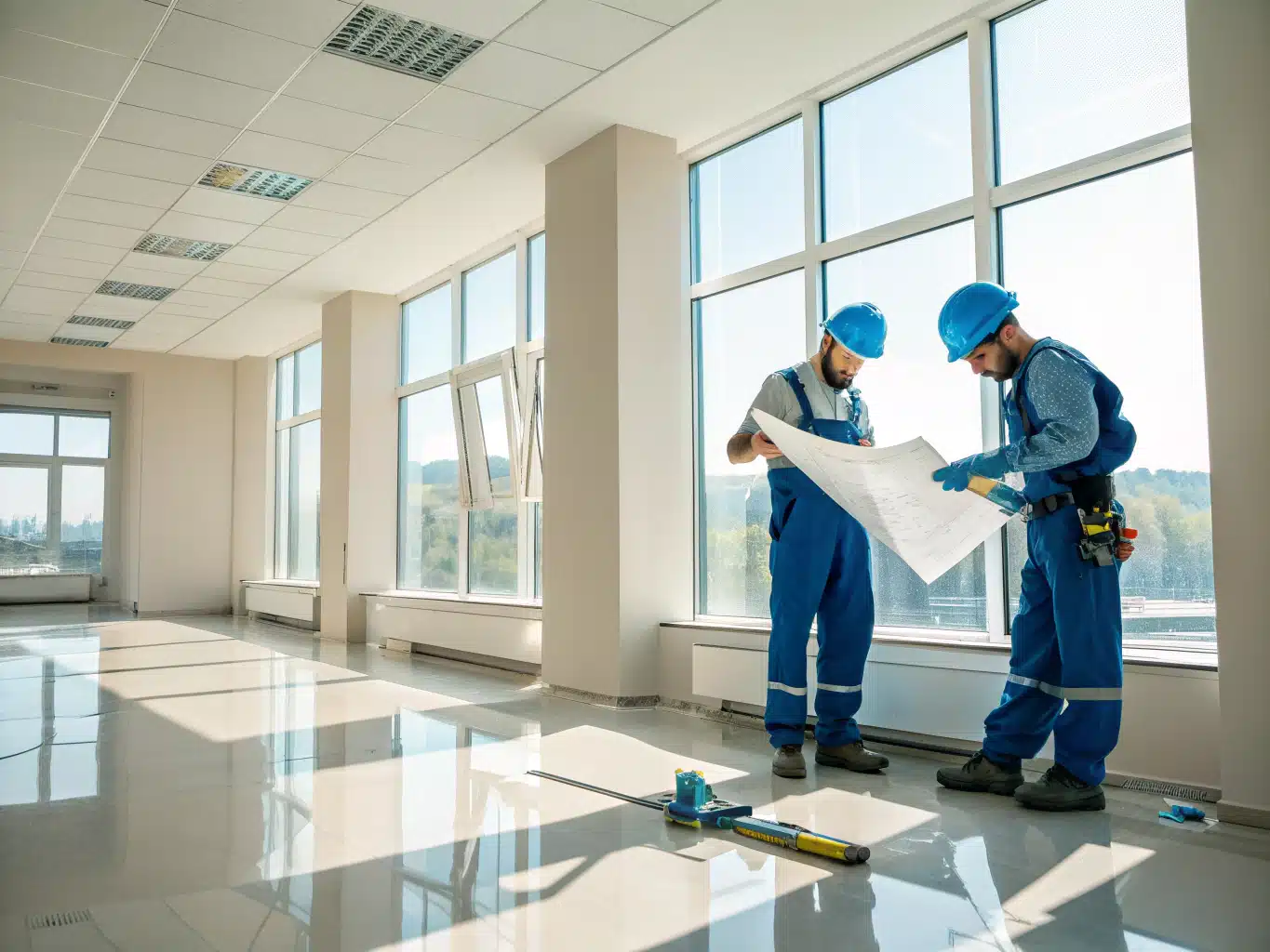 Bright and airy workspace is illuminated by natural light streaming through large windows, reflecting off polished surfaces and lightcolored walls. The scene features bluecollar workers in safety helmets and gloves, actively collaborating on a project with blueprints and tools in hand. The core color palette is integrated seamlessly, with DayJob blue accents on their uniforms and equipment, complemented by the soft light neutral of the walls. Reflective surfaces enhance the sense of space, while deep indigo and midnight blue elements add depth. The environment showcases a blend of productivity and safety, highlighting the importance of a welldesigned workspace in maximizing efficiency.
