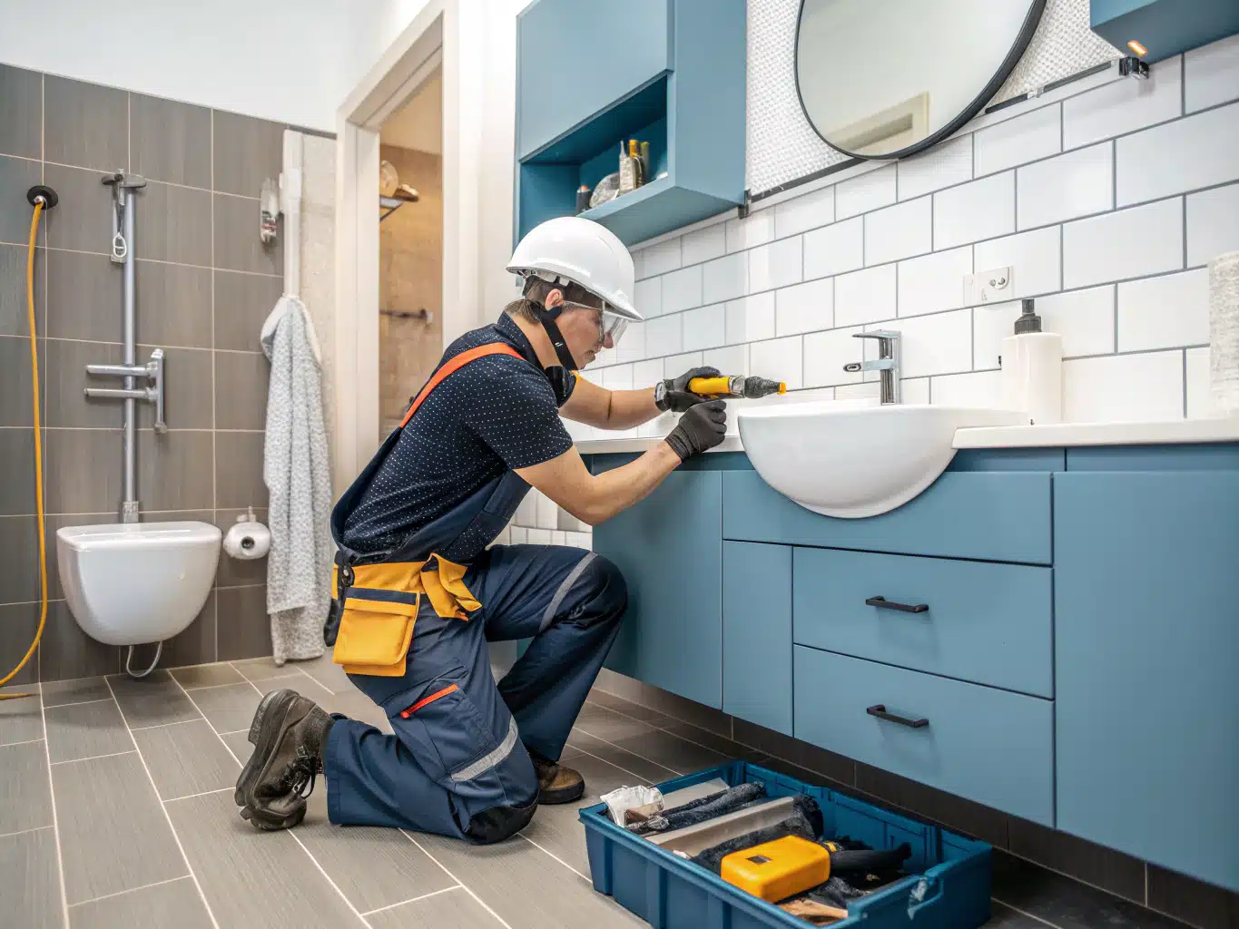 Bright, modern bathroom scene showcasing a skilled tradesperson wearing safety gearhelmet, gloves, and eyewearinstalling sleek, contemporary fixtures. The color palette features deep indigo tiles contrasted against light neutral walls, with accents of DayJob blue in the cabinetry. Tools and equipment are carefully arranged, emphasizing a professional, organized work environment. The tradesperson is focused and engaged, showcasing the process of upgrading the space. Subtle elements of safety, like a hard hat on a nearby shelf and gloves resting on a workbench, enhance the authentic atmosphere, while the overall composition highlights the transformative impact of simple upgrades in a bathroom setting.