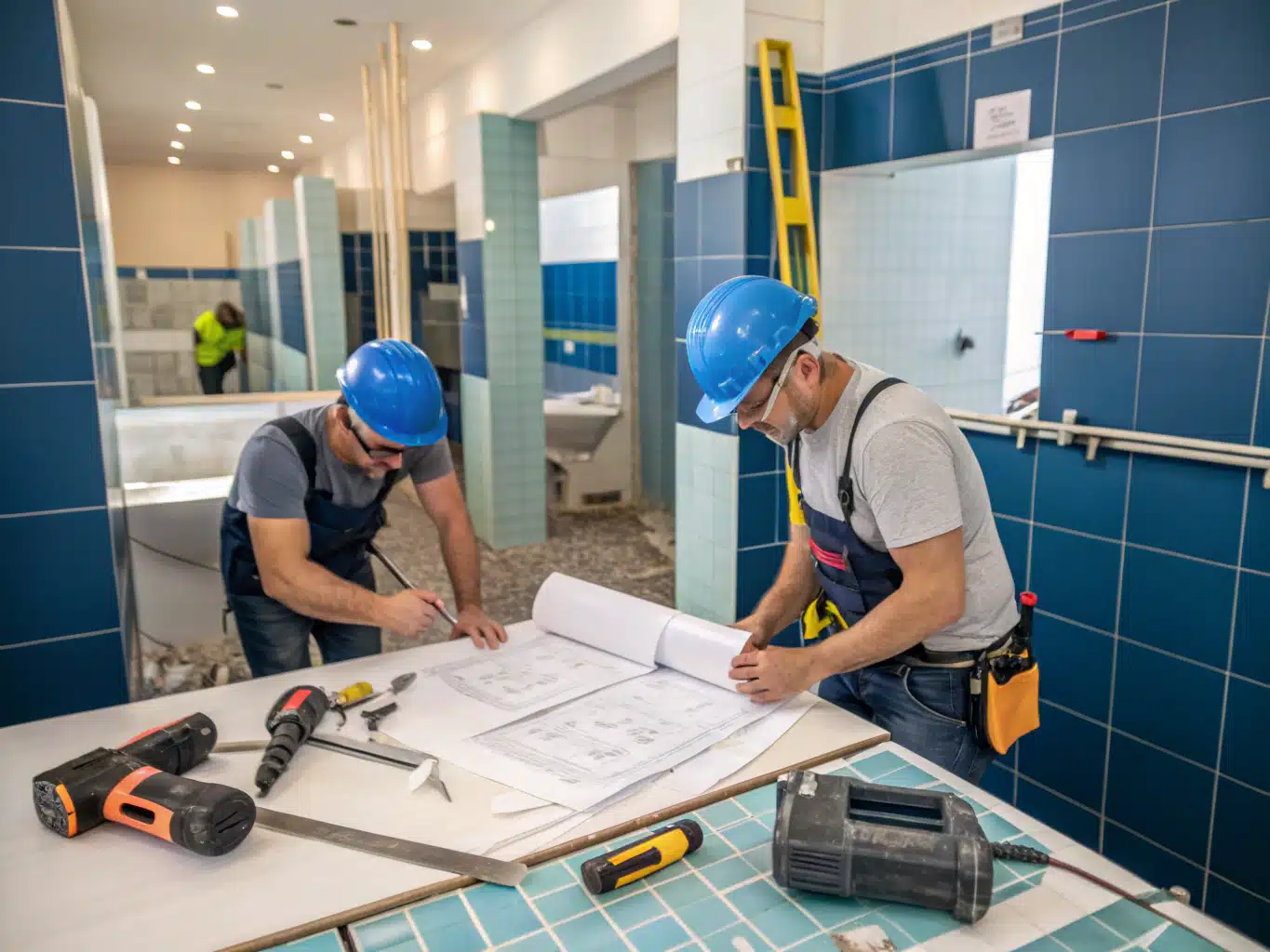 Bustling bathroom renovation site, showcasing skilled bluecollar workers in hard hats and safety glasses, meticulously measuring and discussing plans over blueprints. The scene is anchored by a backdrop of midrenovation bathrooms, with vibrant tiles and plumbing fixtures in progress. The workers are surrounded by essential tools like saws and drills, all framed against a palette of DayJob blue, deep indigo, and midnight blue. Light neutral surfaces soften the industrial feel, while charcoal accents highlight the focus and determination of the team, embodying the essence of essential planning and price control in a dynamic, authentic work environment.