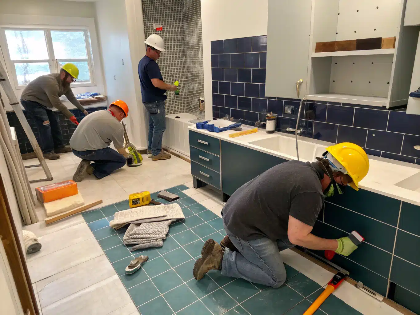 Bustling bathroom renovation site, where skilled tradespeople in safety helmets and gloves collaborate seamlessly. The scene features a midcentury modern bathroom layout, showcasing a mix of deep indigo tiles and DayJob blue accents. Workers measure and cut materials, while others install fixtures, all surrounded by an organized array of tools and equipment. The light neutral walls contrast with charcoal cabinetry, highlighting the craftsmanship. Safety eyewear reflects the focus and precision of the task at hand, embodying a wellplanned environment that prevents cost blowouts and ensures a successful renovation.