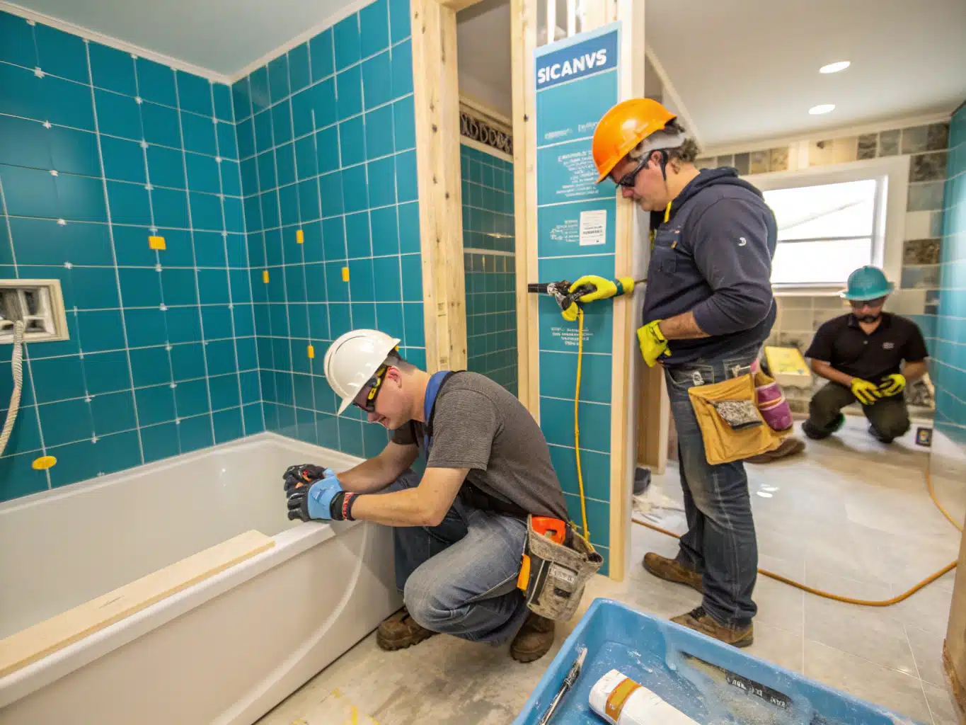 Bustling family bathroom renovation scene, filled with tradespeople wearing helmets, gloves, and safety eyewear, actively working amidst tools and materials. The walls are being framed and tiled, showcasing vibrant blue hues from the brand's palette, with accents of light neutral for contrast. A worker meticulously measures space, while another installs fixtures, highlighting the urgency of adapting to a growing family's needs. In the background, a halffinished bathroom design hints at modern functionality, emphasizing the rapid pace of outgrowing spaces. The atmosphere is dynamic, capturing the essence of transformation and the importance of timely renovations for expanding families.