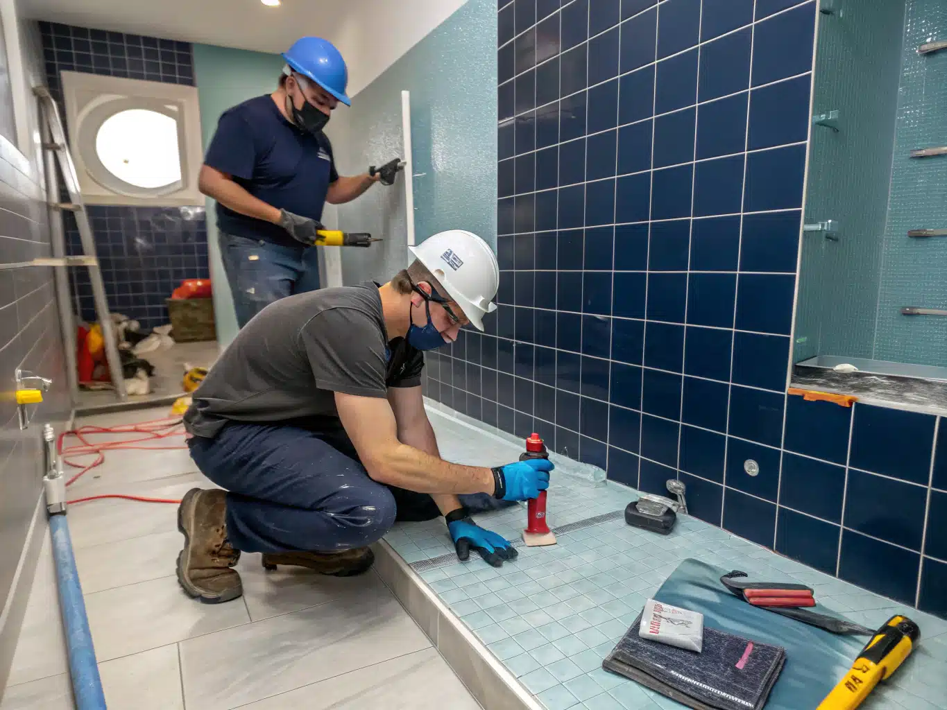 Busy apartment bathroom renovation site features skilled workers wearing safety helmets, gloves, and eyewear, meticulously installing smart layouts for efficient space utilization. The air is filled with the cool tones of DayJob blue and deep indigo, reflecting the brand's core palette. One worker is carefully applying waterproofing solutions on a tiled wall, while another adjusts ventilation ducts overhead, showcasing their commitment to quality craftsmanship. Tools and equipment are arranged neatly, emphasizing a clean and organized workspace. The light neutral backdrop enhances the focus on the workers and their tasks, creating a vibrant yet professional atmosphere.