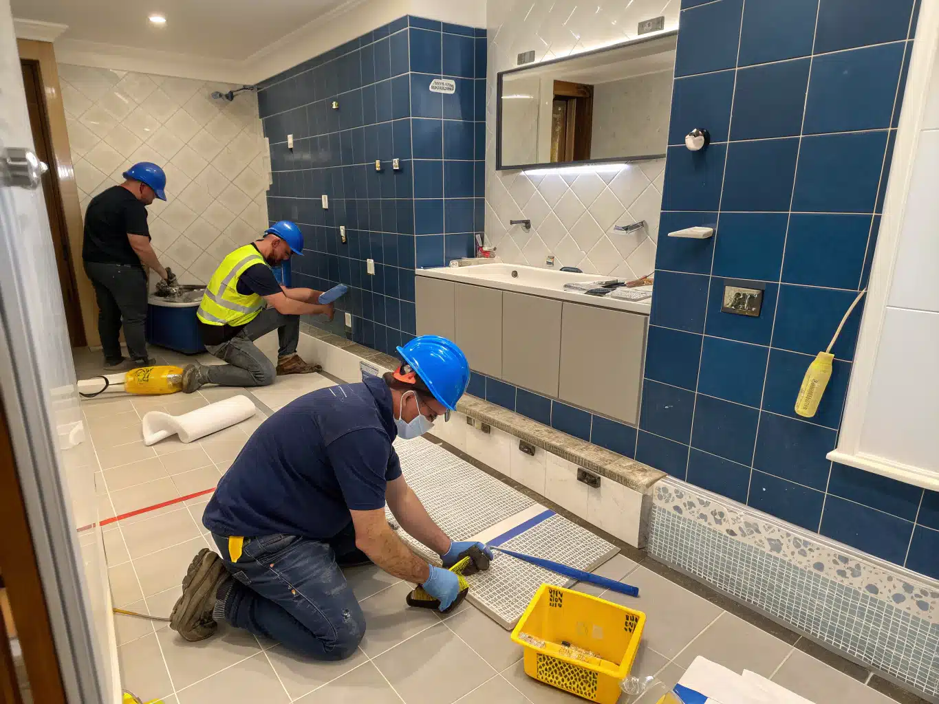 Busy bathroom renovation scene in Sydney, showcasing bluecollar tradespeople in safety helmets and gloves, meticulously working on a stylish yet complex bathroom layout. The workers are seen measuring tiles and installing fixtures, surrounded by tools and materials in hues of DayJob blue and deep indigo. The walls are adorned with samples of light neutral tiles, contrasting with the deep indigo cabinetry. A sense of confusion is subtly depicted through the workers’ expressions as they consult plans and discuss costs, while safety eyewear reflects the vibrant colors of the environment, illustrating the challenges homeowners face in understanding renovation expenses.