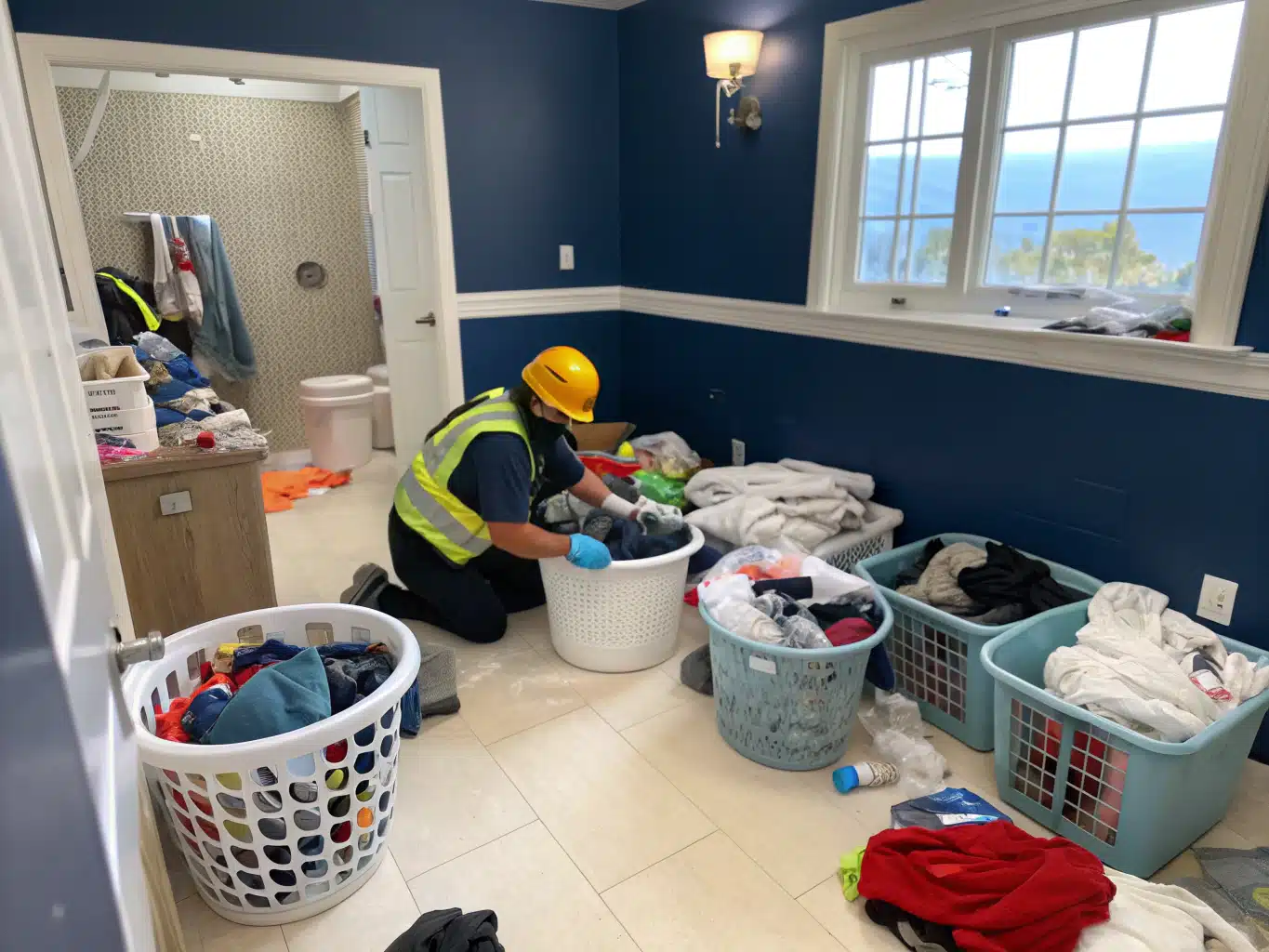 Cluttered bathroom scene filled with overflowing laundry baskets and scattered toiletries, highlighting the chaos of daily life. In the foreground, a worker in safety gear, including a helmet and gloves, is actively organizing the space, showcasing their determination to restore order. The walls are painted in DayJob blue and deep indigo, while the floor features accents of light neutral. A window reveals a glimpse of a wellstructured outdoor environment, symbolizing the contrast between the chaos within and the order outside. The worker's focus and movement reflect the frustration of clutter, yet their presence embodies a commitment to transforming the space into a more functional and serene environment.
