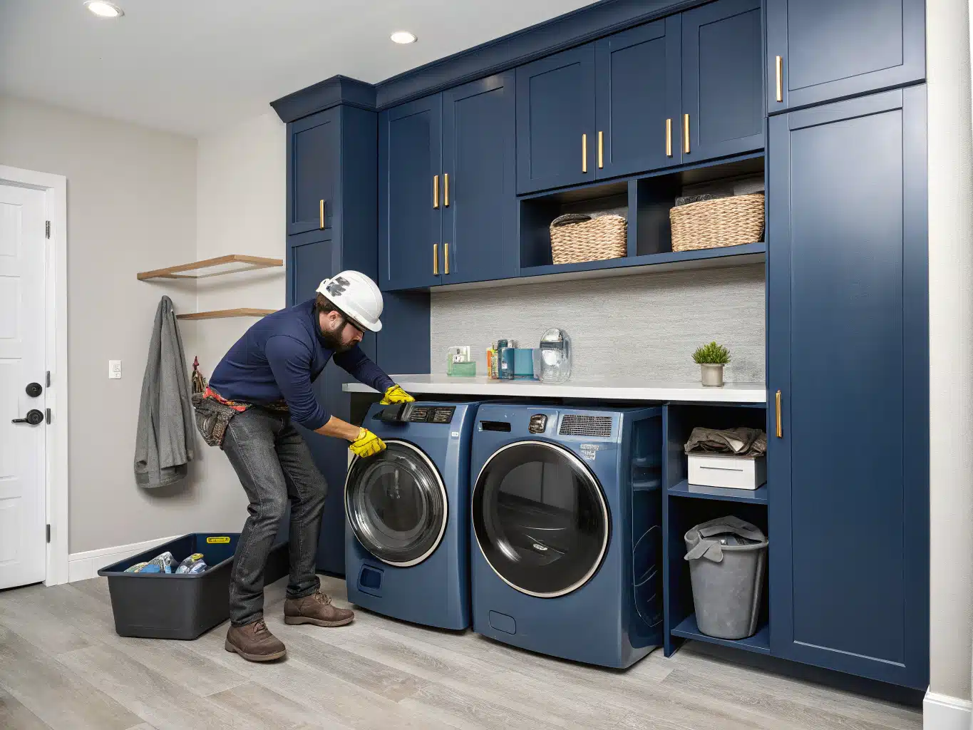 Compact laundry space transformed with smart design solutions, featuring sleek cabinetry in DayJob blue (14618F) and deep indigo (34398A). The scene showcases a worker in a safety helmet and gloves, intently installing stylish shelving above a modern washer and dryer set. Bright light neutral (F2F2F6) walls reflect a clean, organized environment, while charcoal (333333) accents highlight the functionality of the space. Tools and equipment are neatly arranged, emphasizing an efficient workflow. The overall composition captures the essence of <a href=