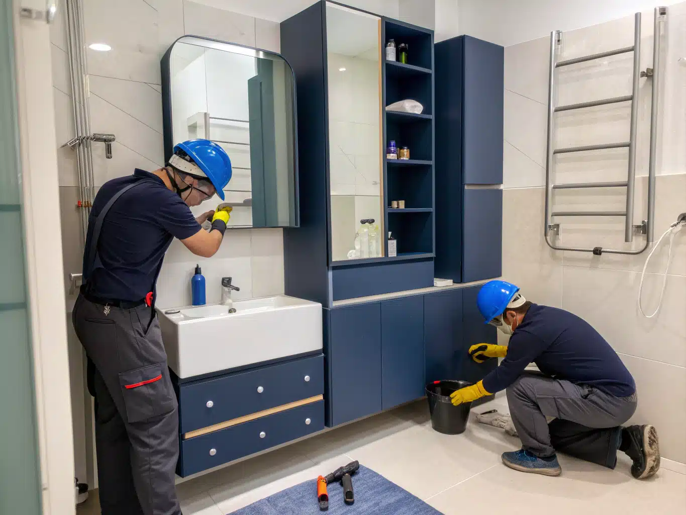 Cramped apartment bathroom transformed into a functional oasis, showcasing innovative spacesaving solutions like wallmounted shelves and compact fixtures. The scene features skilled workers in safety helmets and gloves installing sleek, modern cabinetry in deep indigo and midnight blue tones, with accents of DayJob blue. They are actively engaged in their task, surrounded by tools and equipment that highlight a collaborative work environment. The light neutral background contrasts with the charcoal elements, enhancing the bathroom's bright and airy feel. The image captures the essence of maximizing small spaces while ensuring safety and efficiency in the renovation process.
