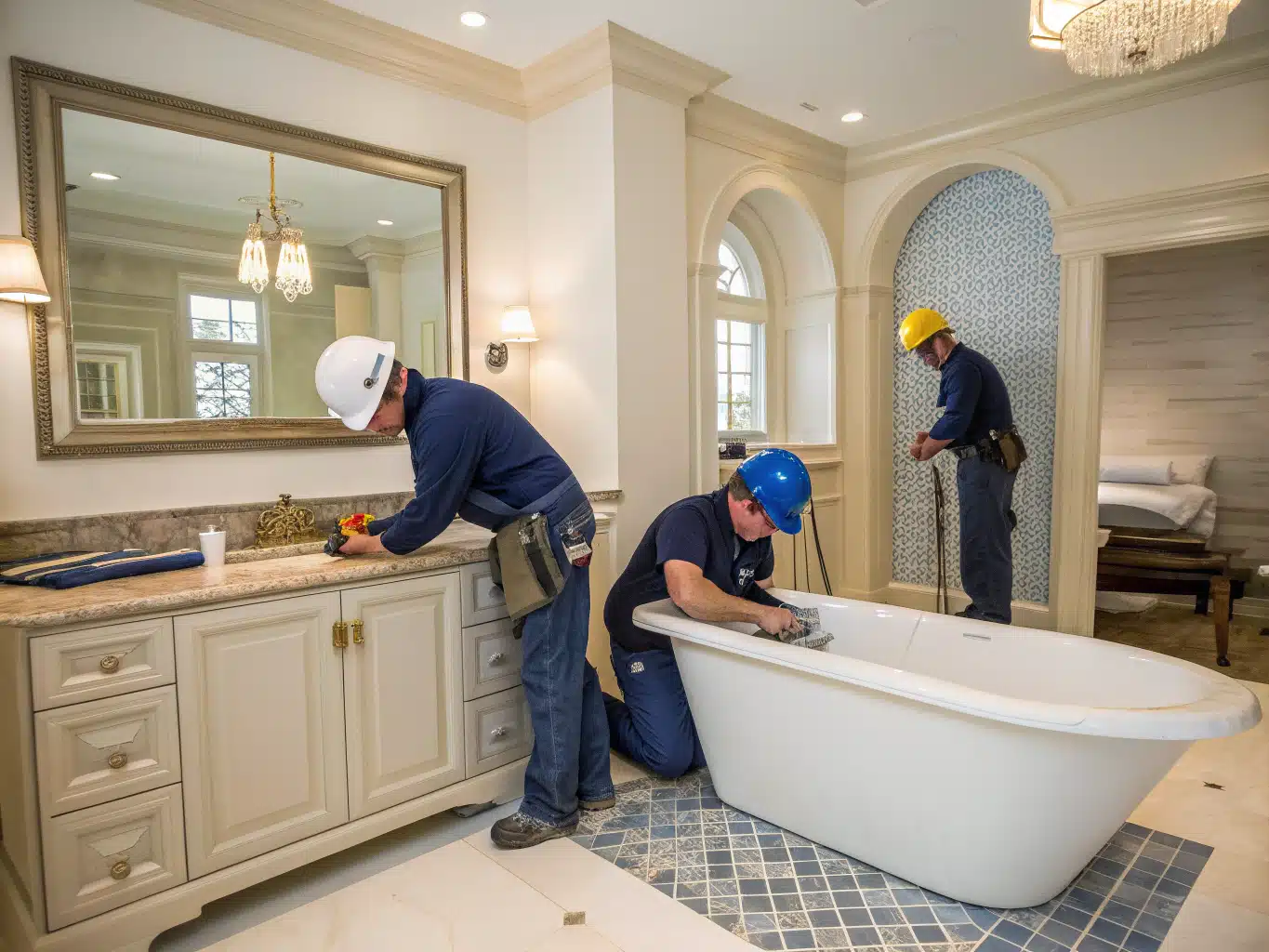 Luxurious bathroom renovation scene showcases skilled bluecollar tradespeople actively engaged in their work, embodying authenticity and craftsmanship. The backdrop features elegant fixtures and finishes in soft hues of light neutral (F2F2F6) contrasted against deep indigo (34398A) and midnight blue (214E8D) accents. Workers, wearing helmets, gloves, and eyewear, meticulously install a sleek freestanding tub, surrounded by polished tiles and artisanal details. Tools and safety equipment are visibly integrated into the environment, emphasizing a commitment to quality and safety. The overall atmosphere radiates sophistication while maintaining an authentic, handson approach to luxury renovations.