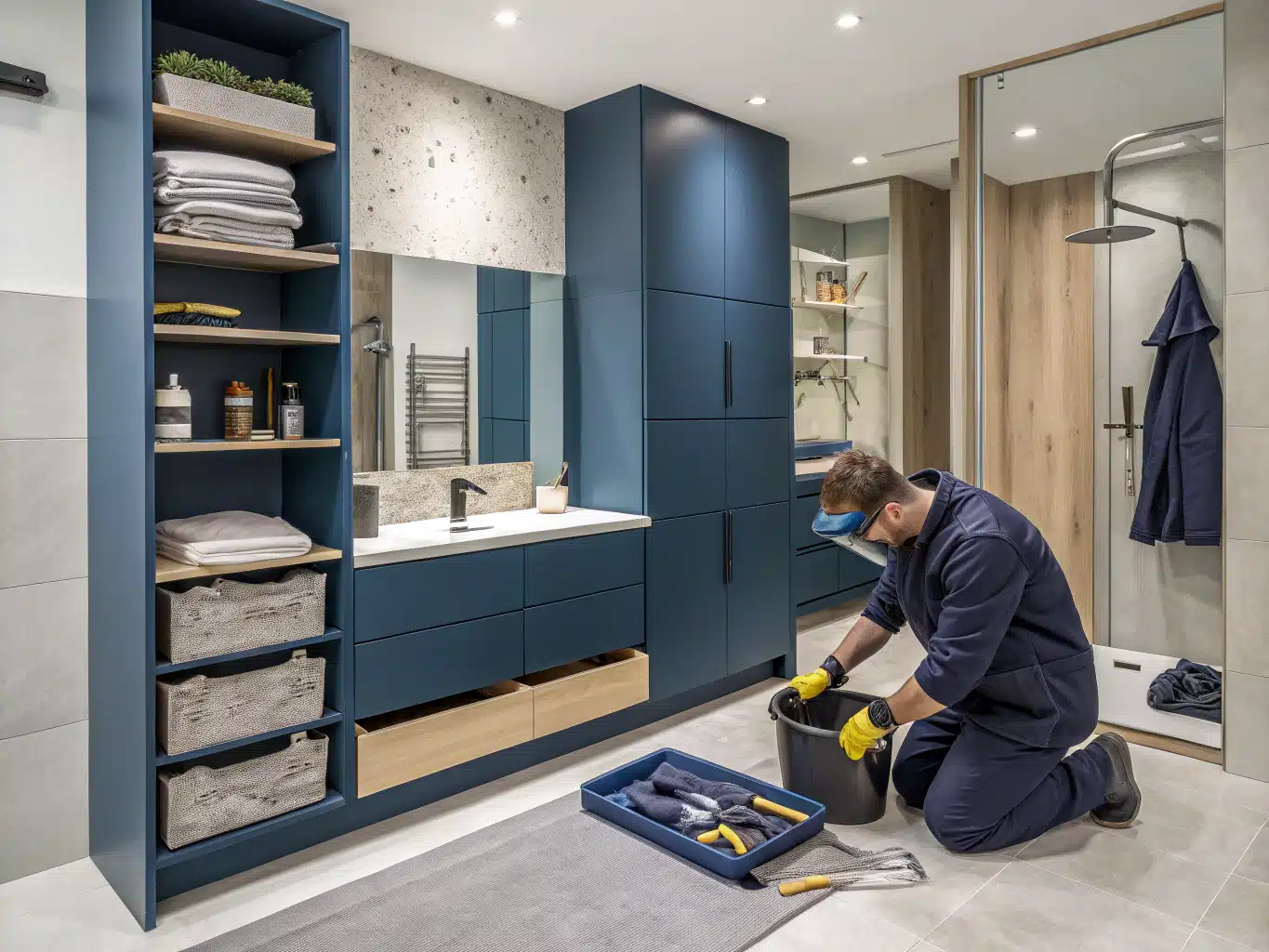 Modern bathroom space seamlessly integrates smart layouts and innovative storage solutions, showcasing a harmonious blend of functionality and style. The design features sleek cabinetry in DayJob blue and deep indigo, complemented by light neutral accents that enhance the room's spacious feel. A skilled worker, wearing safety goggles and gloves, carefully installs elegant shelving units while surrounded by organized tools and materials. The scene conveys an active jobsite atmosphere, emphasizing the balance between aesthetics and practicality, with a focus on maximizing space in combined living areas. The overall composition reflects a commitment to quality craftsmanship and modern design.