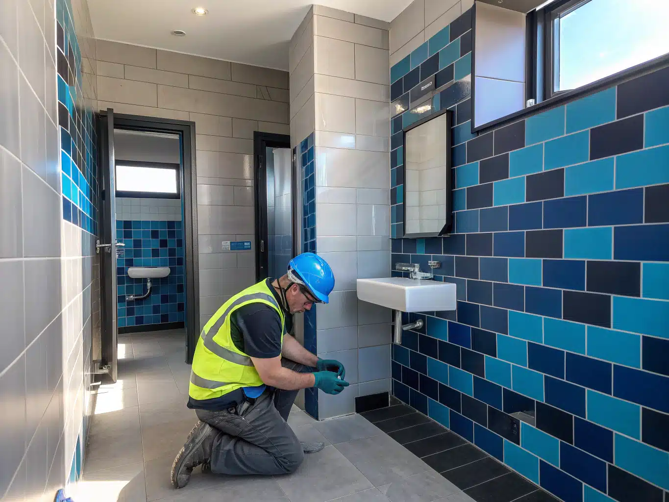 Modern, compact bathroom featuring smart layouts and tile patterns that emphasize clean lines, showcasing a harmonious blend of DayJob blue and deep indigo tiles. The space is illuminated by natural light, highlighting the light neutral walls and charcoal accents. In the foreground, a skilled worker wearing safety gearhelmet, gloves, and eyewearcarefully installs the tiles with precision, reflecting a commitment to quality and safety. The background reveals organized tools and equipment, reinforcing the theme of an authentic working environment, where functionality meets aesthetic appeal in a tiny yet stylish bathroom design.