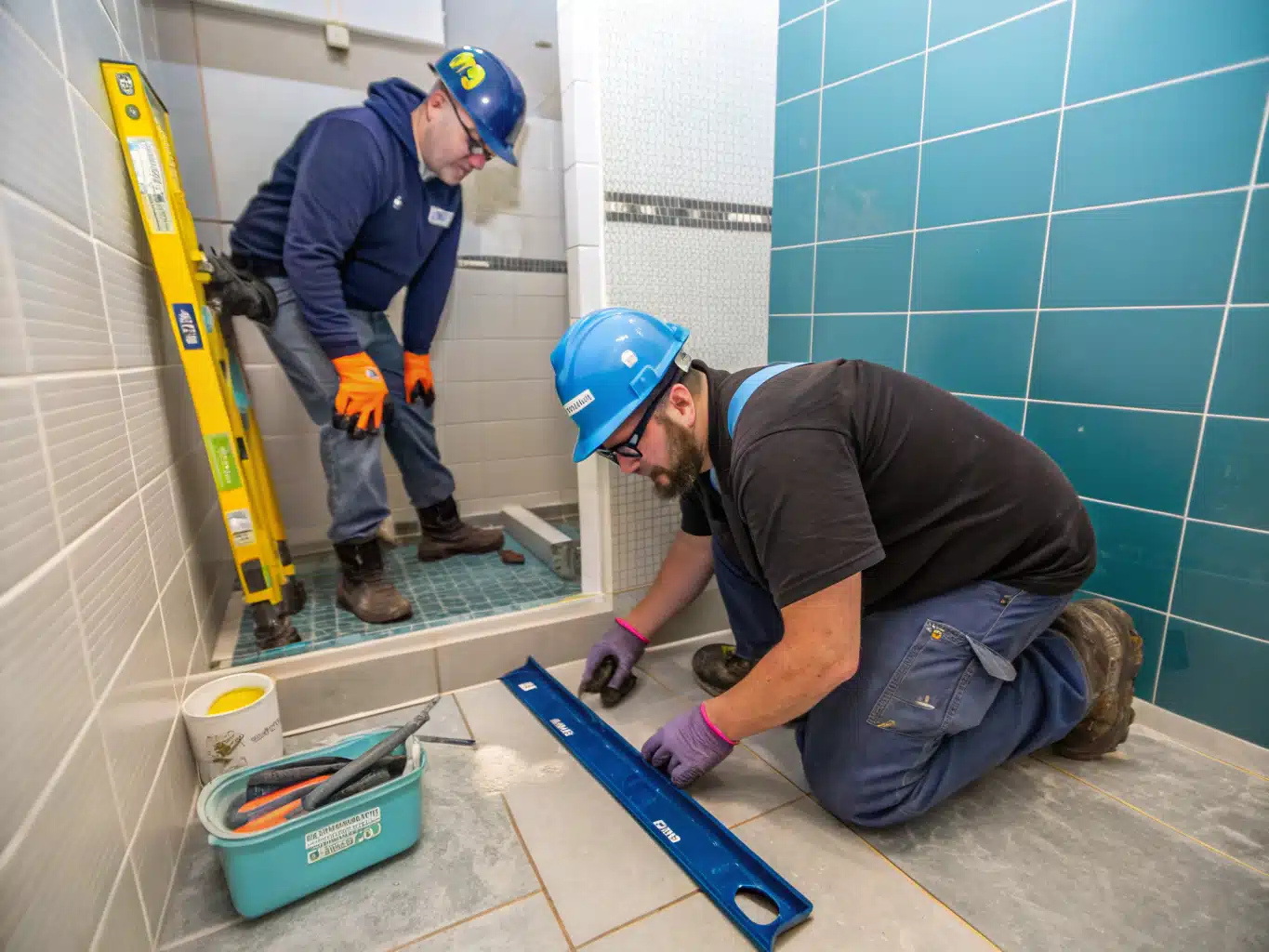 Small, modern bathroom under renovation, featuring a team of skilled tradespeople in safety gearhelmets, gloves, and protective eyewearfocused on installing nonslip tiles and grab bars. The scene captures the essence of practical design with accessible features, showcasing tools like a level and tile cutter, while vibrant accents in DayJob blue and deep indigo highlight the workspace. The light neutral walls create a calm backdrop, with charcoal elements adding depth. Workers actively engage in collaboration, ensuring safety and functionality in every detail, embodying the spirit of everyday safety in home renovations.