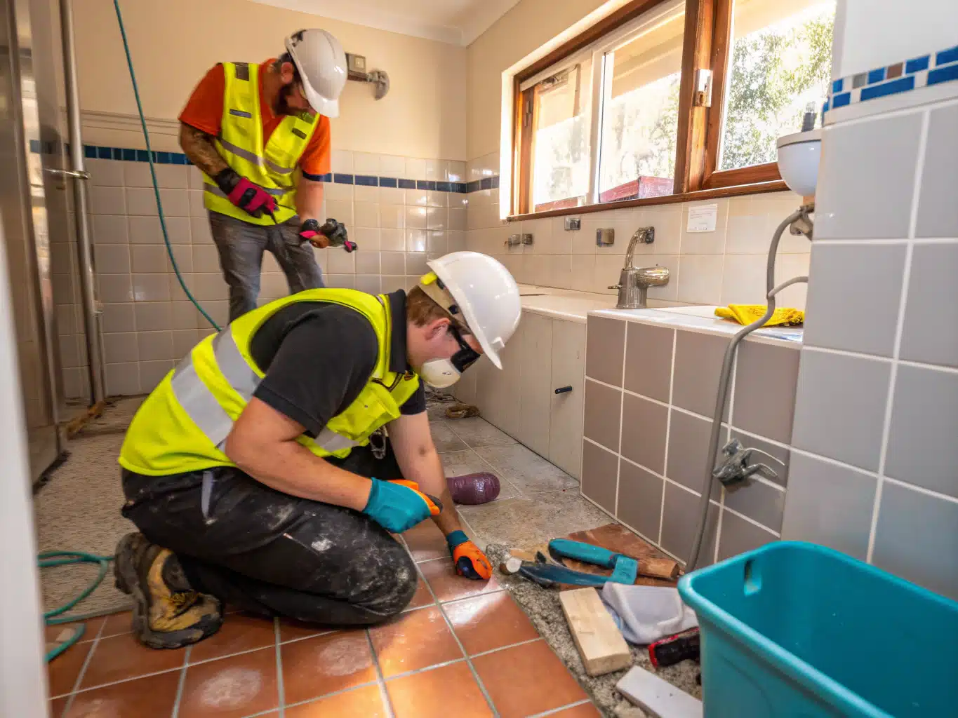 Vibrant scene of a bathroom renovation in Sydney, showcasing skilled tradespeople in action, wearing safety helmets, gloves, and eyewear. The workers are actively engaging with tools and materials, surrounded by a mix of tiles, plumbing fixtures, and cabinetry, all in the brand’s core color palette. The backdrop features partially renovated walls and flooring, hinting at the transformation underway. Sunlight filters through a window, illuminating the workspace, while a digital tablet displaying cost estimates rests on a nearby surface, emphasizing the financial aspect of the renovation. The overall atmosphere conveys professionalism, dedication, and the dynamic nature of the renovation process.