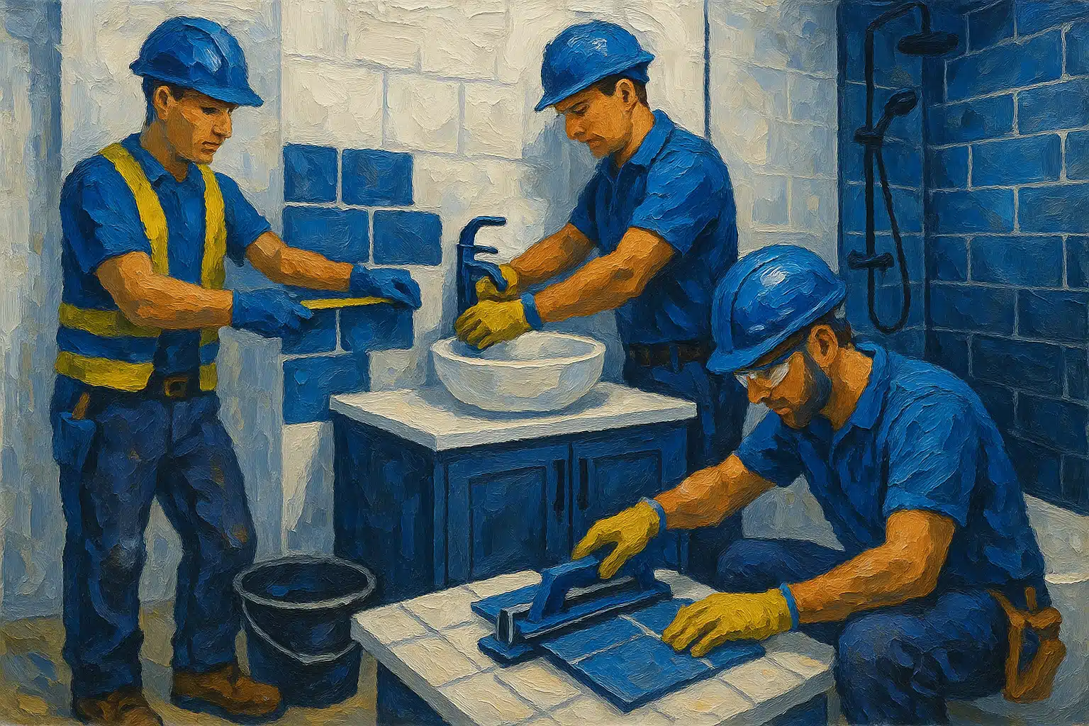 A dynamic scene of a bathroom renovation project in a Sydney home, showcasing skilled bluecollar tradespeople in hard hats and safety gear as they measure, cut tiles, and install fixtures. Incorporate a vibrant color palette with DayJob blue (14618F), deep indigo (34398A), midnight blue (214E8D), light neutral (F2F2F6), and charcoal (333333) in the tools, equipment, and decor. Capture the essence of teamwork and precision, with visible safety elements like gloves and eyewear, while highlighting the transformation of the space with stylish design elements and modern finishes. The atmosphere should convey professionalism, focus, and a commitment to quality in renovation.