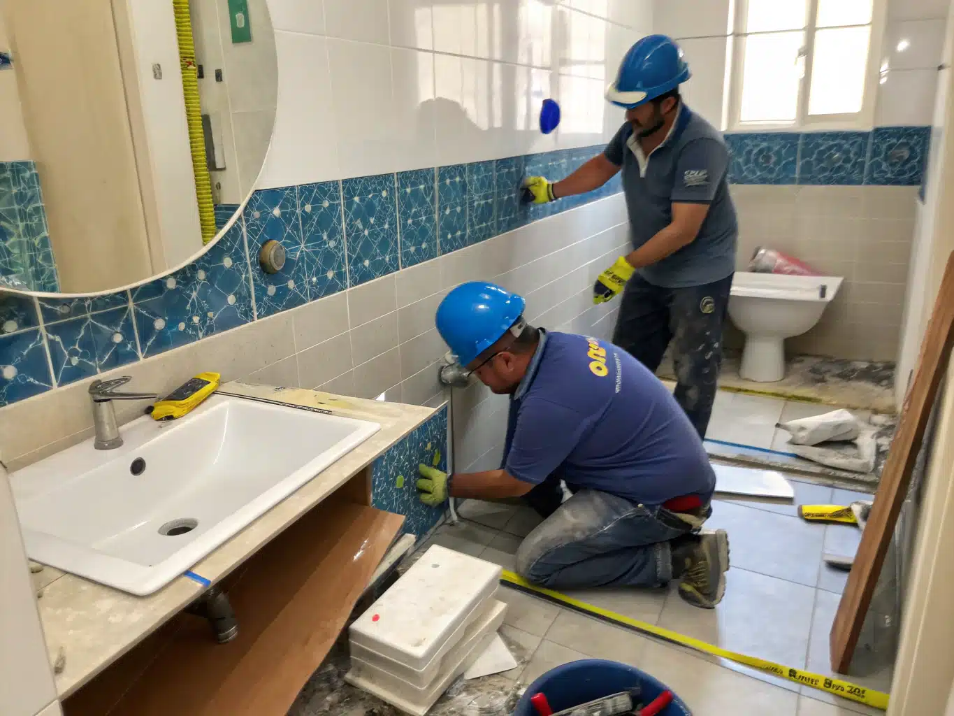 A dynamic scene of a small bathroom renovation in progress, featuring bluecollar workers actively engaged in the renovation. One worker is carefully choosing materials, surrounded by unsuitable options like mismatched tiles and overly glossy finishes, while another measures and fits a new sink. Safety elements are prominently displayed, with helmets and gloves worn by the workers. The color palette is applied throughout, with the DayJob blue (14618F) highlighting the tools, deep indigo (34398A) in the background, and midnight blue (214E8D) accentuating the fixtures. Light neutral (F2F2F6) tones create a clean, inviting atmosphere, while charcoal (333333) adds depth to the scene.