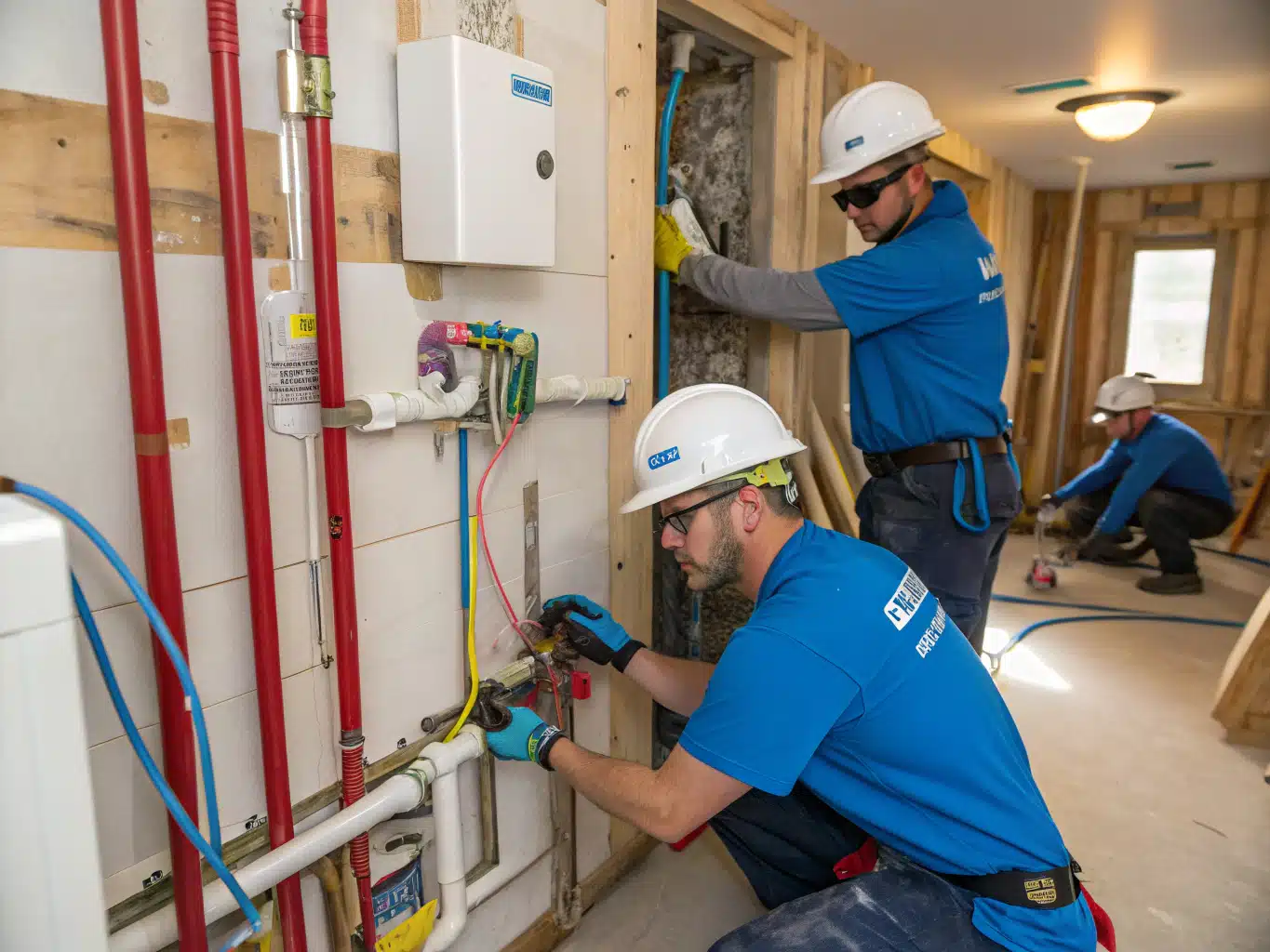 A dynamic scene showcasing skilled tradespeople engaged in a laundry renovation, emphasizing plumbing and electrical modifications. Workers wearing safety helmets, gloves, and eyewear are actively installing pipes and wiring, surrounded by tools and equipment. The backdrop features an unfinished laundry room, with visible elements like exposed walls and plumbing fixtures. Utilize the brand's core color palette DayJob blue (14618F) for uniforms, deep indigo (34398A) for tools, and light neutral (F2F2F6) for the walls, while incorporating midnight blue (214E8D) and charcoal (333333) in the equipment and safety gear. Focus on authenticity and professionalism in the working environment.