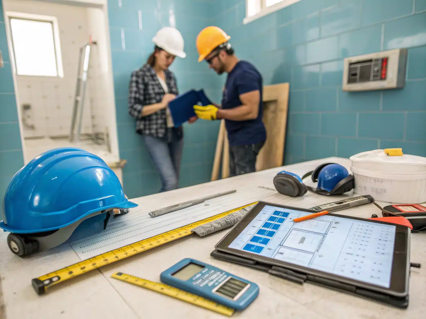 An image of a wellorganized bathroom renovation jobsite that showcases a group of skilled workers wearing safety helmets, gloves, and eyewear, actively discussing essential budget plans. The scene should feature tools like tile cutters, measuring tapes, and a digital tablet displaying budget calculations. A partially renovated bathroom is visible in the background, with blueprints pinned to a wall. The color palette should prominently include DayJob blue, deep indigo, midnight blue, light neutral, and charcoal, creating a professional yet approachable atmosphere that emphasizes efficiency and safety in the renovation process.