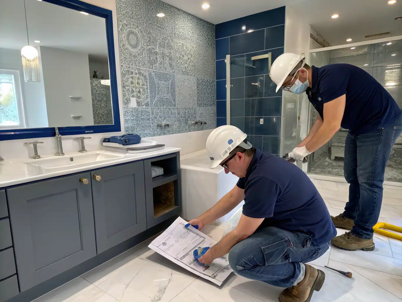 Dynamic kitchen and bathroom renovation scene showcases skilled tradespeople in hard hats and safety goggles, collaborating on a meticulously planned layout. The backdrop features a partially constructed kitchen with sleek cabinetry and modern fixtures, while a stylish bathroom area is framed with elegant tiles and plumbing fixtures. The color palette is dominated by DayJob blue, deep indigo, and midnight blue, creating a harmonious blend with light neutral and charcoal accents. Tools and equipment are strategically placed, emphasizing an organized, efficient workspace. Workers actively engage with blueprints and materials, embodying professionalism and craftsmanship in a vibrant, authentic environment.