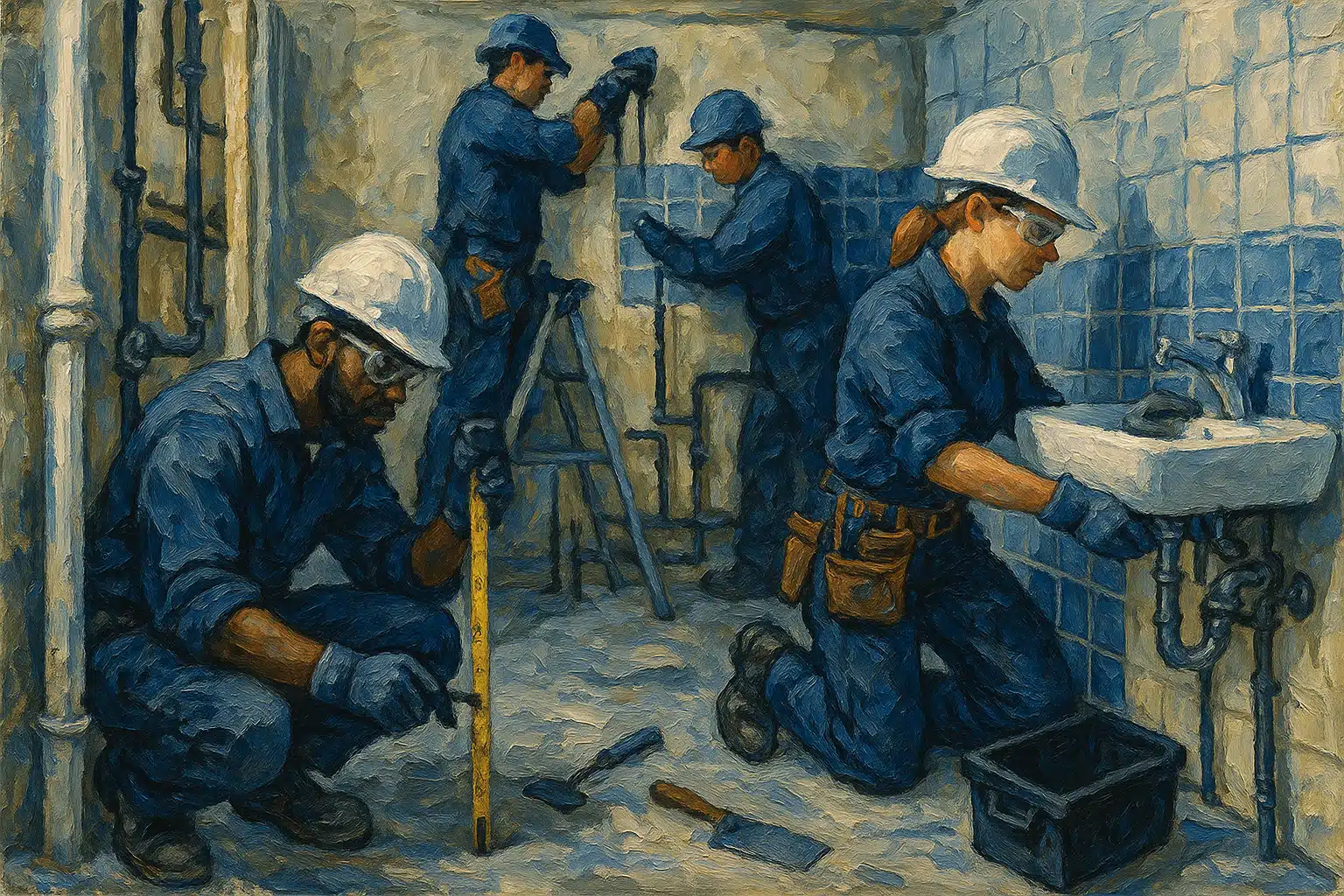 Dynamic scene showcasing a diverse team of skilled tradespeople engaged in a bathroom renovation project. The setting features a partially renovated bathroom with exposed plumbing and tiles, highlighting the complexity of the work. Workers, wearing helmets, gloves, and protective eyewear, actively measure and install fixtures, while tools and equipment are strategically placed around them. The color palette of DayJob blue, deep indigo, midnight blue, light neutral, and charcoal is woven throughout the scene, creating a cohesive and professional atmosphere. Safety elements are prominently displayed, emphasizing the commitment to quality and care in the renovation process.