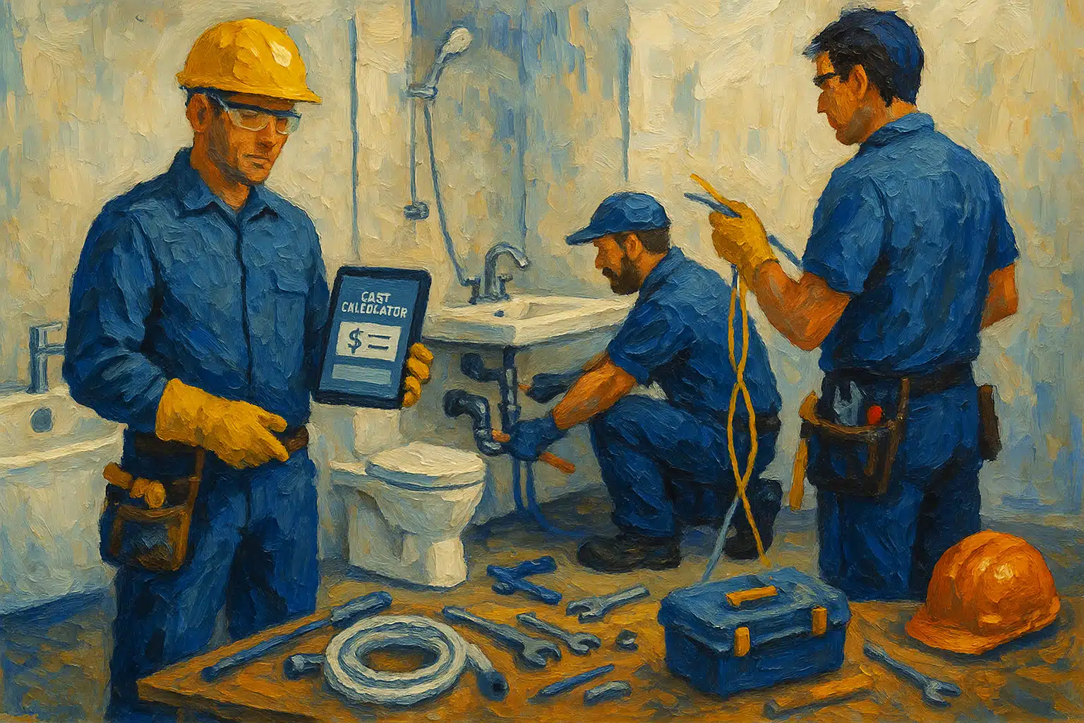 Dynamic scene unfolds in a modern bathroom renovation setting, showcasing skilled tradespeople in action. A contractor, wearing a safety helmet, gloves, and protective eyewear, stands beside a sleek digital tablet displaying a cost calculator interface. Nearby, a plumber and electrician collaborate, surrounded by tools and materials in shades of DayJob blue, deep indigo, and midnight blue. The light neutral walls reflect the ongoing transformation, while the workspace is organized with safety gear visibly placed. The atmosphere buzzes with energy, embodying precision and professionalism as they work towards creating a stunning new bathroom, highlighting the seamless integration of technology in estimating costs.