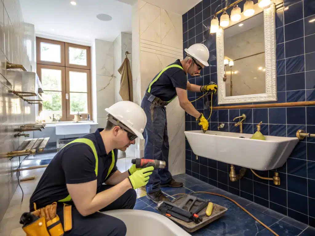 Luxurious bathroom renovation scene unfolds, showcasing skilled tradespeople in action, adorned in safety helmets, gloves, and eyewear, as they skillfully install elegant fixtures and highend finishes. The space is illuminated by natural light, highlighting the rich textures of deep indigo tiles and the soft contrast of light neutral walls. Tools and equipment are meticulously arranged, reflecting a blend of functionality and sophistication, while a finished producta stunning, modern bathtub accented with midnight blue elementssits prominently, embodying the essence of luxury. The overall atmosphere exudes professionalism and craftsmanship, emphasizing the transformative power of expert renovations.