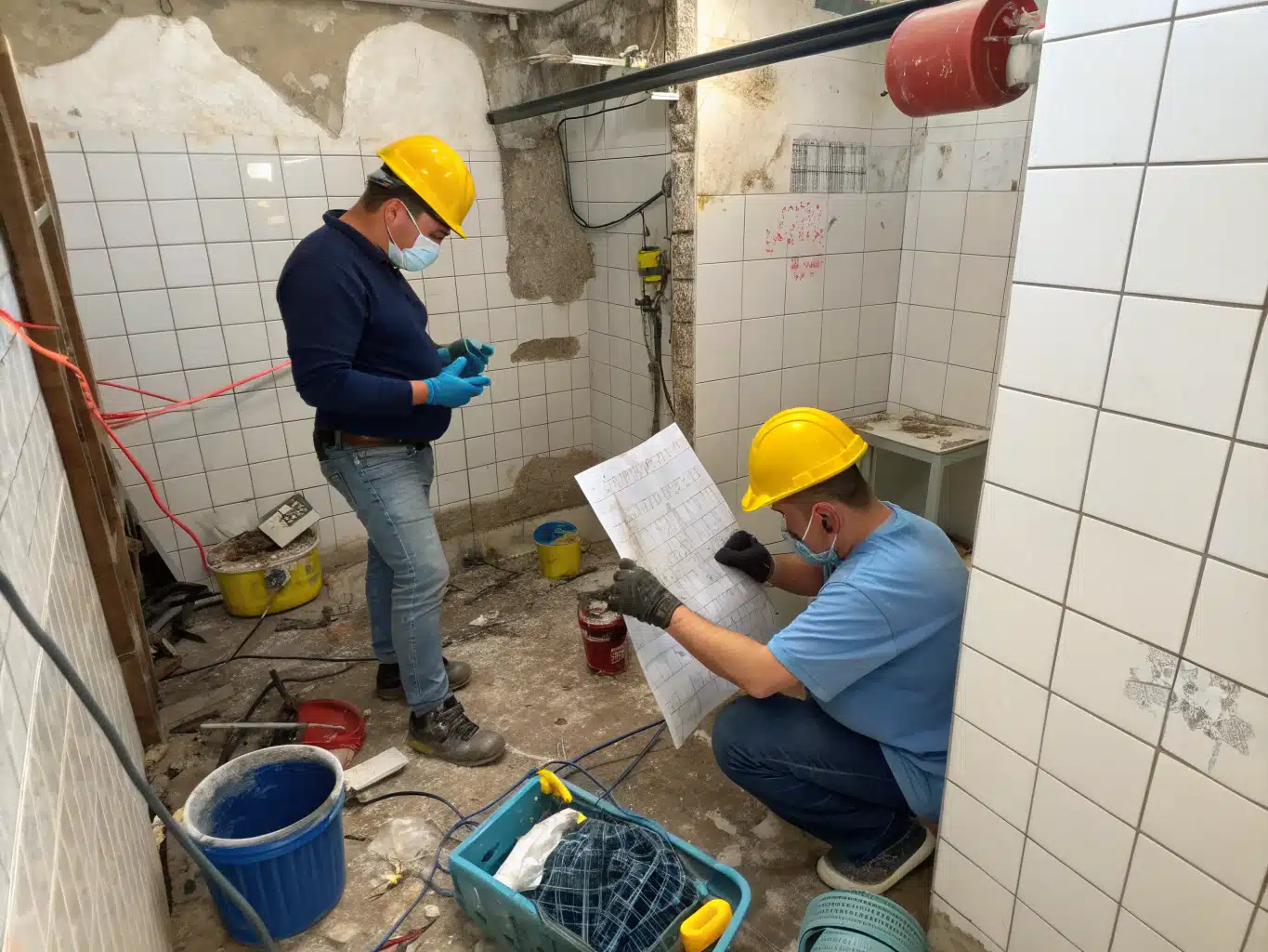 Small, cluttered bathroom renovation site features bluecollar tradespeople in safety helmets and gloves, actively measuring and discussing plans. One worker holds a blueprint with scribbled notes, illustrating poor design decisions, while another examines mismatched tiles stacked nearby. The walls are partially stripped, revealing outdated plumbing and electrical wiring, emphasizing the chaos of inadequate planning. Tools and equipment are scattered around, including a power drill and a saw, while the color palette of DayJob blue, deep indigo, and light neutral creates a stark contrast against the unfinished surfaces. The atmosphere conveys urgency and the need for thoughtful design to avoid escalating costs.