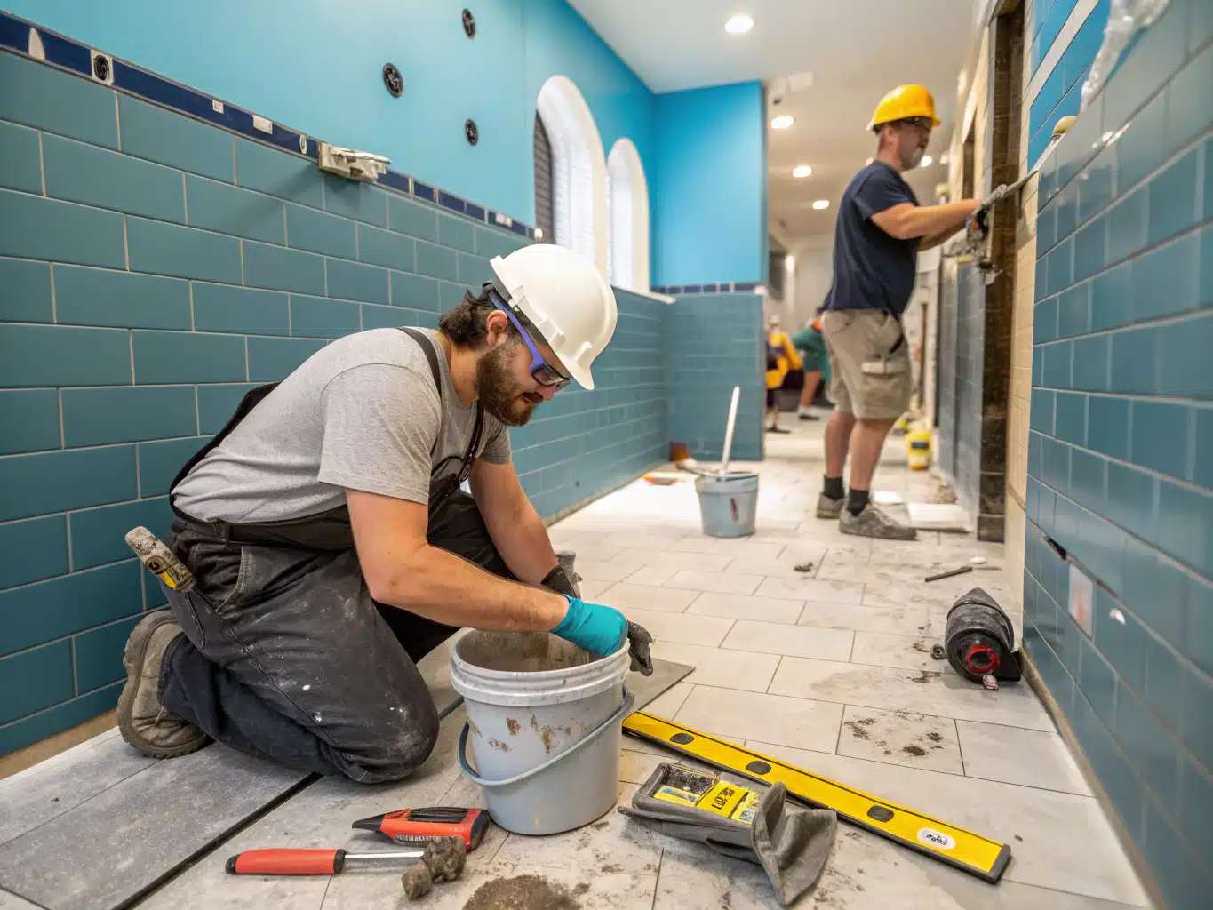Vibrant, bustling bathroom renovation site is depicted, showcasing skilled tradespeople in action. One worker, wearing a hard hat and safety glasses, carefully measures tiles while another, gloved and focused, mixes grout in a bucket. The scene is framed with tools scattered around, including a level and a tile cutter, all set against a backdrop of freshly painted walls in DayJob blue and deep indigo. Light neutral tones highlight the finished fixtures, while charcoal accents provide depth. Safety elements are prominent, emphasizing a professional and secure working environment as they collaborate to establish a realistic budget for their project.