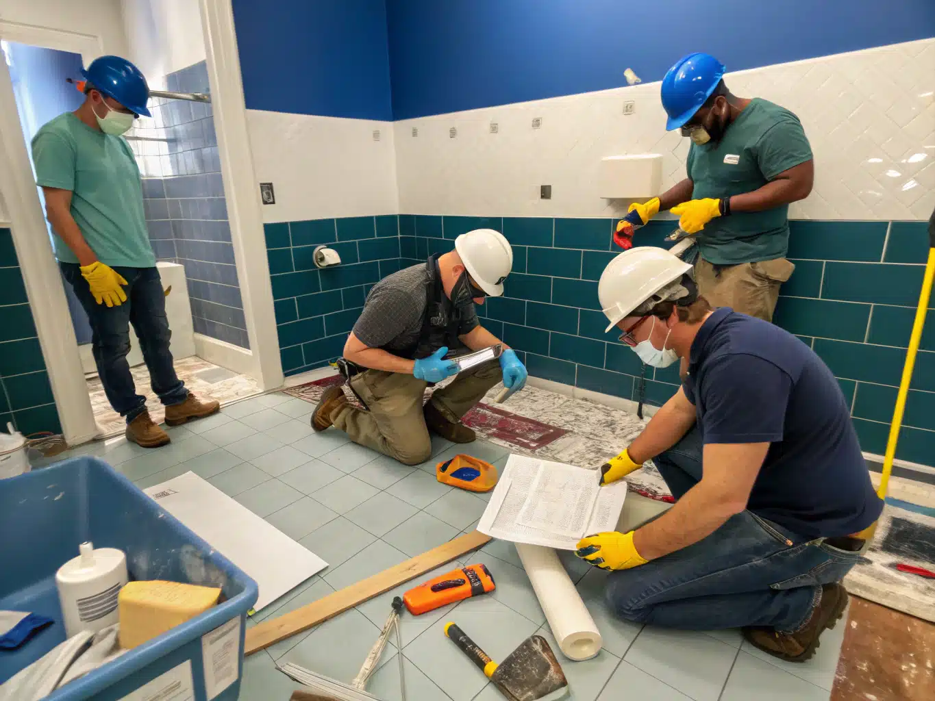 Vibrant construction scene showcasing a diverse team of skilled workers in a bathroom renovation, each wearing safety helmets, gloves, and protective eyewear. The layout is chaotic, with tools and materials scattered across a midcentury bathroom space, highlighting the consequences of poor planning. The walls are painted in DayJob blue and deep indigo, while the floor tiles reflect light neutral shades. A worker is measuring a wall, while another examines a blueprint, their expressions focused and determined. In the background, unfinished fixtures and equipment emphasize the urgency and complexity of the renovation process, creating a dynamic yet disordered atmosphere.
