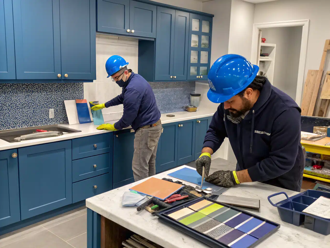 Vibrant kitchen renovation scene showcases skilled tradespeople actively engaged in selecting smart materials, surrounded by samples in the brand's core colors of DayJob blue, deep indigo, and midnight blue. The environment is authentic, featuring visible safety elements like helmets and gloves. A worker inspects a countertop material while another measures cabinetry, with tools and equipment strategically placed around them. Finished kitchen elements hint at costeffective design choices, blending aesthetics with functionality. The backdrop reflects a bustling jobsite atmosphere, emphasizing the importance of strategic material selection in controlling renovation costs.