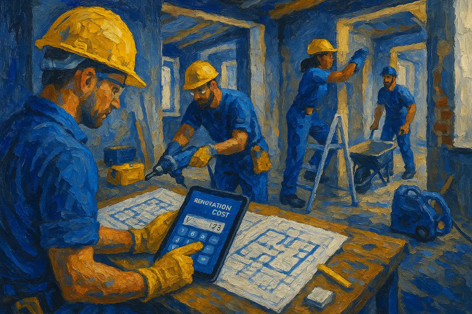 Vibrant scene showcases a diverse team of bluecollar tradespeople actively engaged in a Sydney home renovation project. The workspace is filled with tools and equipment, highlighting safety with visible helmets, gloves, and eyewear. In the foreground, a tradesperson uses a digital renovation cost calculator on a tablet, surrounded by blueprints and materials. The color palette emphasizes DayJob blue (14618F), deep indigo (34398A), and midnight blue (214E8D), creating a sense of professionalism and trust. The background features partially renovated spaces, showcasing the transformation potential, while the light neutral (F2F2F6) and charcoal (333333) tones add depth and contrast to the bustling environment.
