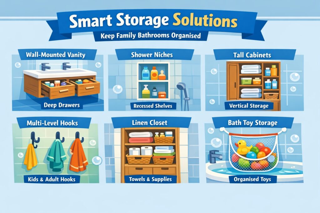 2. Smart Storage Solutions Keep Family Bathrooms Organised