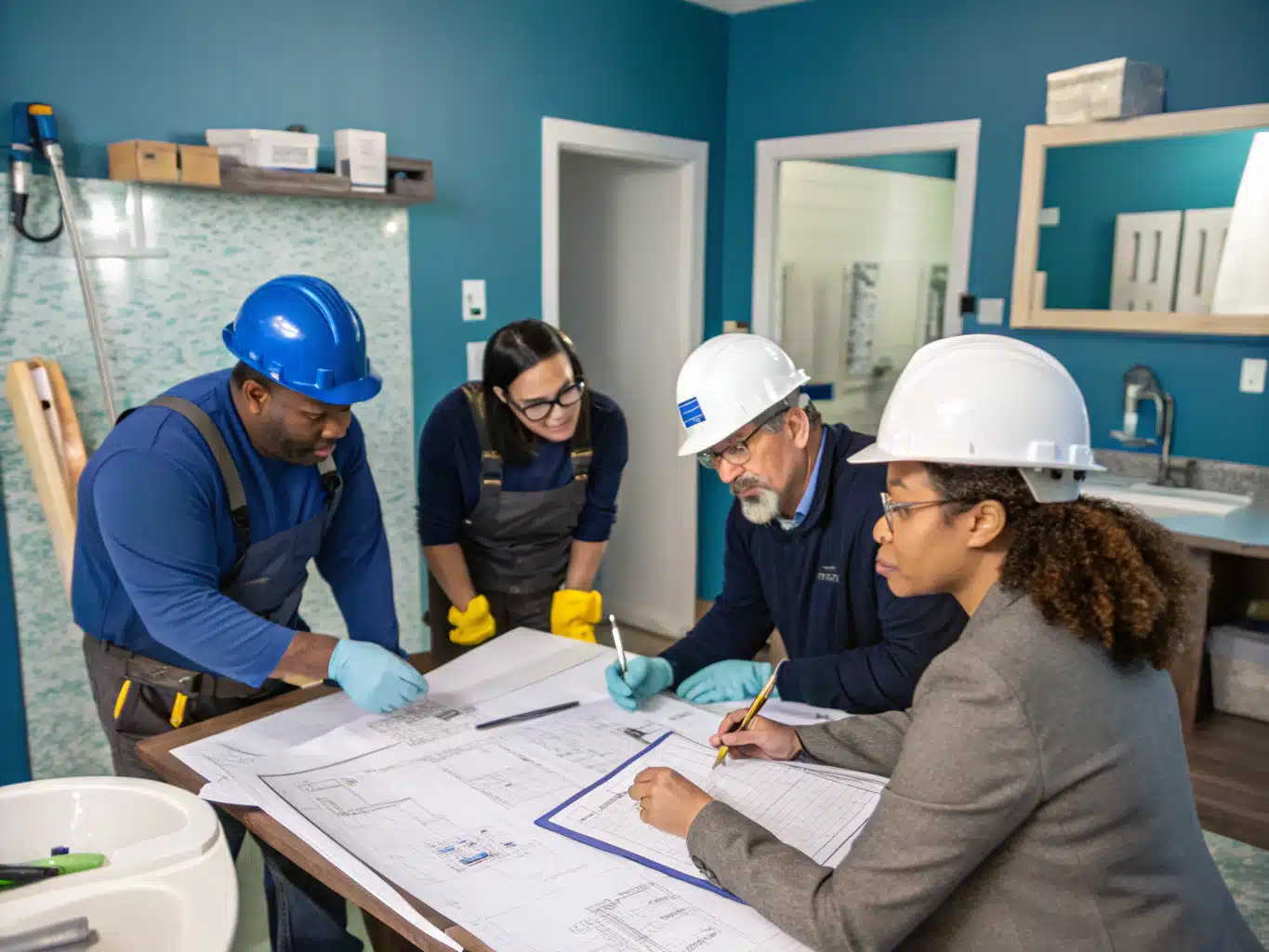 A scene showcasing a vibrant bathroom remodel financing strategy meeting, where a diverse group of bluecollar professionals is gathered around a table filled with blueprints and financial documents. The room is adorned in the brand's core colors DayJob blue, deep indigo, and light neutral accents. Workers are actively discussing plans while wearing safety helmets, gloves, and eyewear, emphasizing a commitment to safety. In the background, tools and equipment are neatly arranged, and a partially remodeled bathroom is visible, highlighting the transformation. The atmosphere is dynamic and collaborative, reflecting a proactive approach to securing optimal financing solutions for home improvements.