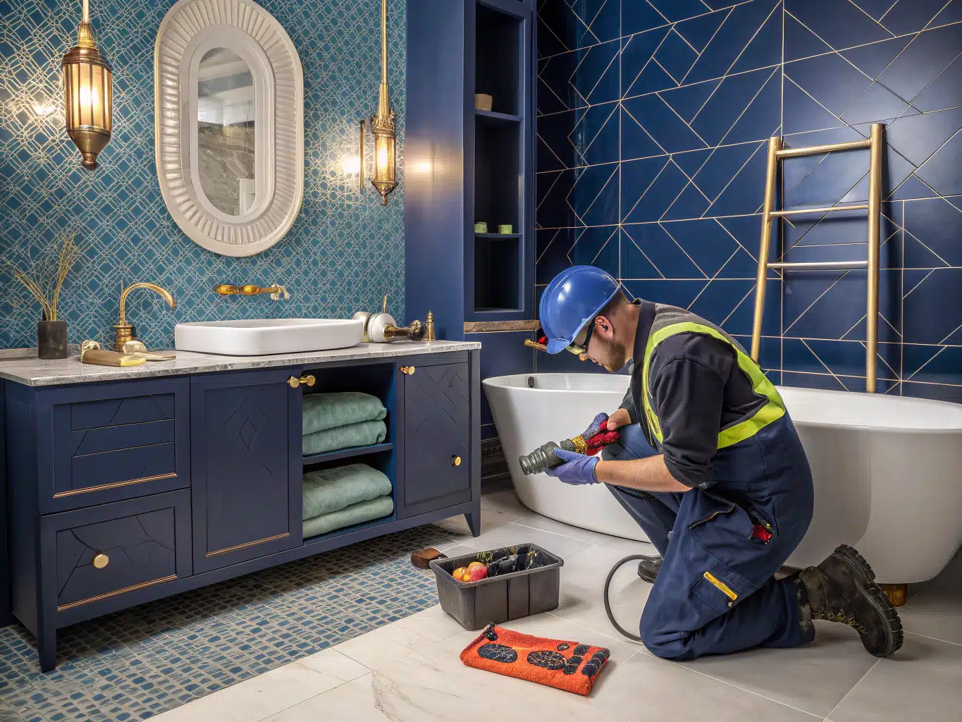 Vibrant bathroom design scene featuring a skilled tradesperson in a stylish yet impractical bathroom, adorned with luxurious fixtures in deep indigo and DayJob blue. The tradesperson wears safety gearhelmet, gloves, and eyewearwhile working on an elegant but cluttered vanity, showcasing the tension between aesthetics and functionality. Surrounding them are tools and materials that reflect the craftsmanship involved in the renovation, with hints of charcoal and light neutral tones in the cabinetry and tiles. The atmosphere captures the struggle of choosing style over daily function, emphasizing the importance of practicality in design.