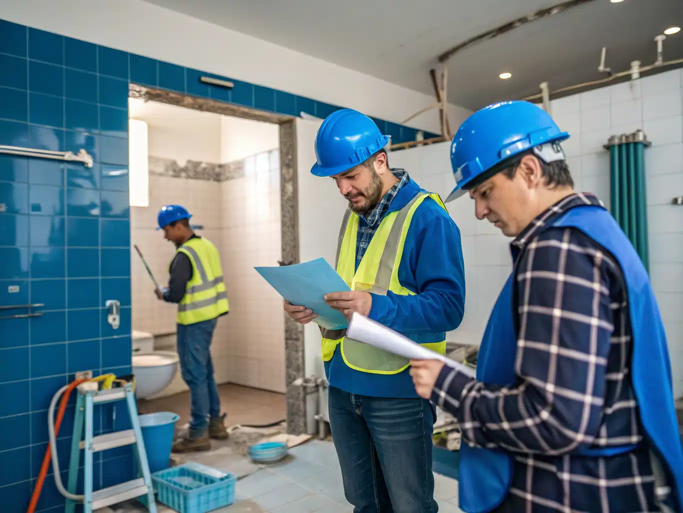 Vibrant construction site scene showcases bluecollar workers in hard hats and safety gear, actively discussing renovation plans while reviewing documents on a clipboard. The backdrop features partially renovated bathrooms with exposed plumbing and fresh tiles, reflecting various loan options through visual metaphors like stacked tools representing costs and terms. The color palette harmoniously blends DayJob blue, deep indigo, and midnight blue, while safety elements like gloves and eyewear emphasize a commitment to workplace safety. The atmosphere conveys a sense of collaboration and professionalism, illustrating the journey of transforming spaces with financial insight.