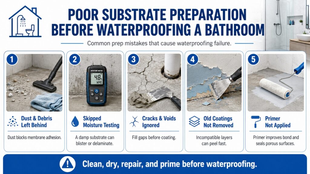 1. Poor Substrate Preparation Before Waterproofing Bathroom
