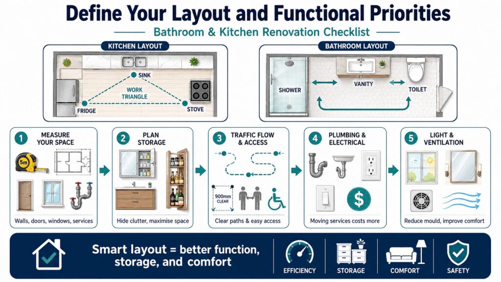 Define Your Layout and Functional Priorities for Bathroom and Kitchen Renovation Checklist