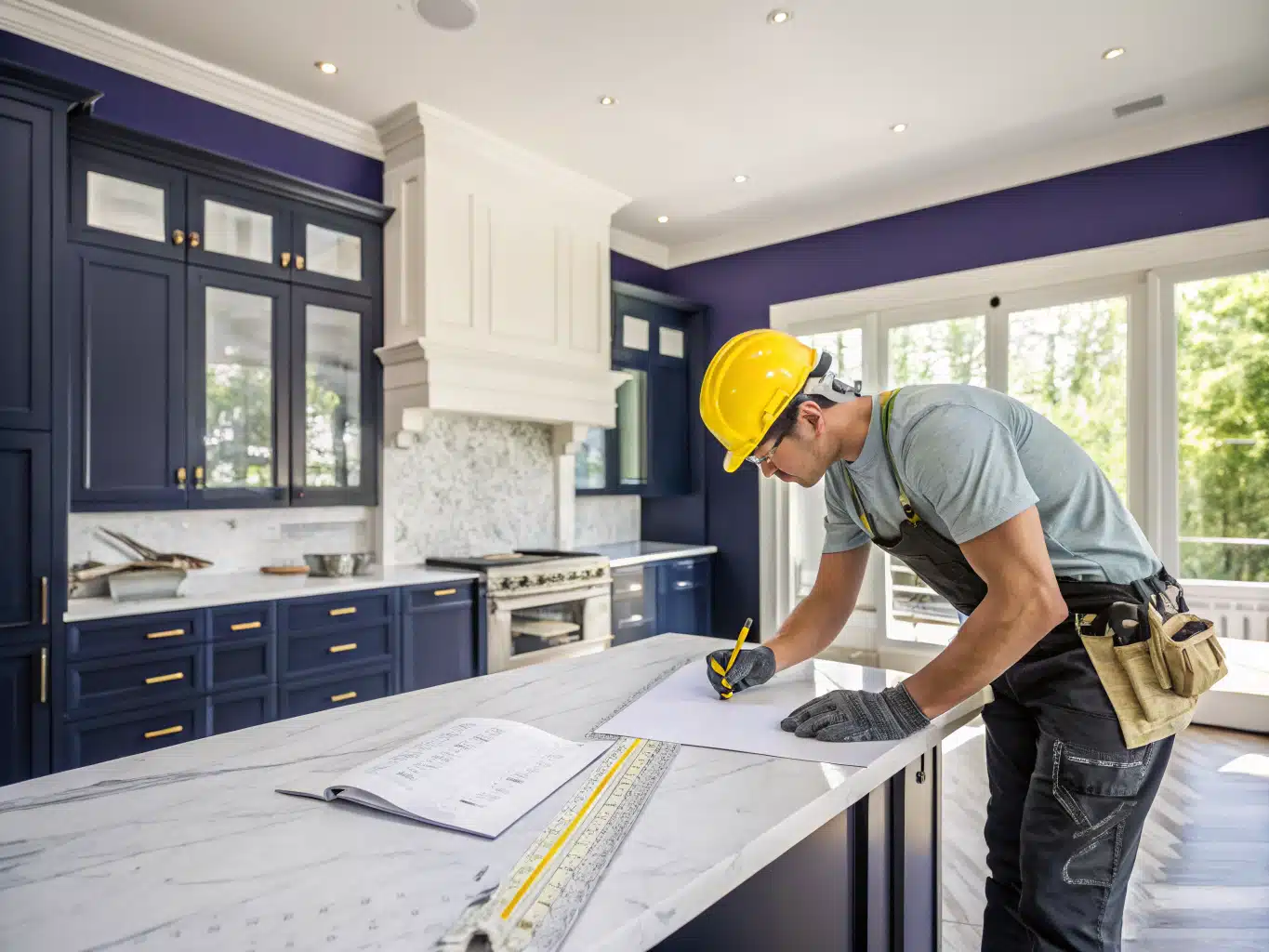 Luxury kitchen renovation scene unfolds in a bright, airy space, showcasing a skilled carpenter in a safety helmet and gloves, meticulously measuring highend cabinetry against a backdrop of rich, deep indigo walls. The kitchen features sleek, modern appliances and elegant finishes, illuminated by soft, natural light filtering through large windows. Nearby, a contractor in protective eyewear inspects a sophisticated marble countertop, while a designer sketches plans on a tablet, all grounded in a palette of DayJob blue, midnight blue, and charcoal accents. The atmosphere radiates professionalism and craftsmanship, highlighting the meticulous attention to detail that defines a luxury kitchen renovation.