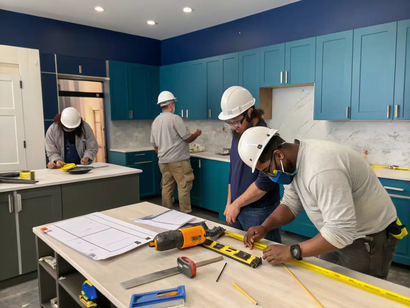 Vibrant kitchen renovation scene showcases a diverse team of skilled workers in hard hats and safety goggles, actively collaborating on a modern kitchen design. The backdrop features a partially renovated space, with exposed walls and new cabinetry in shades of DayJob blue and deep indigo. Tools and equipment, such as saws and measuring tapes, are scattered around, emphasizing the handson nature of the project. The workers, dressed in charcoal and light neutral attire, are engaged in discussions over blueprints spread across a sturdy worktable. The atmosphere is dynamic, reflecting the balance of creativity and practicality in setting a realistic budget for the renovation.
